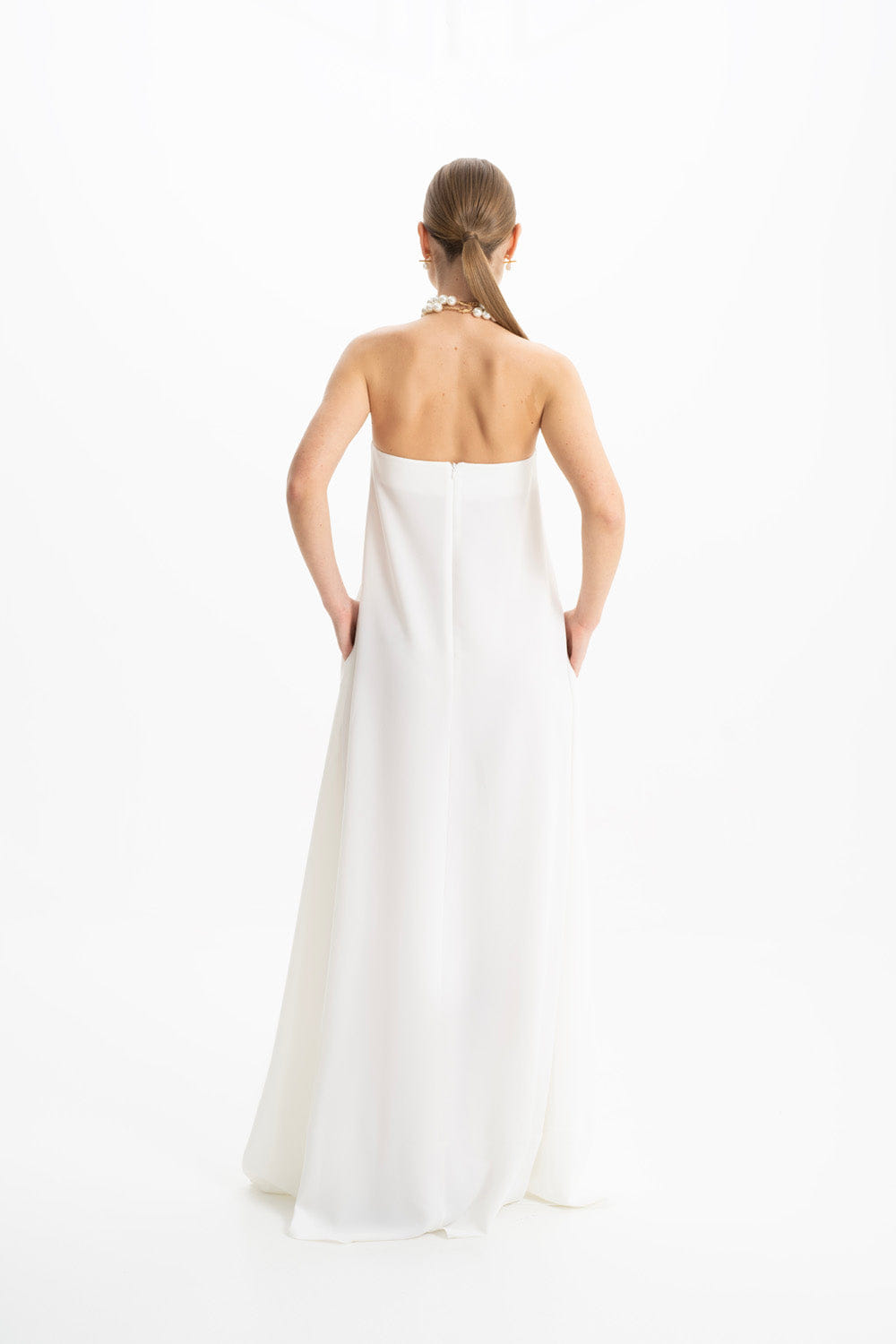 Amy Crepe White Strapless Maxi Dress made by Lora Istanbul