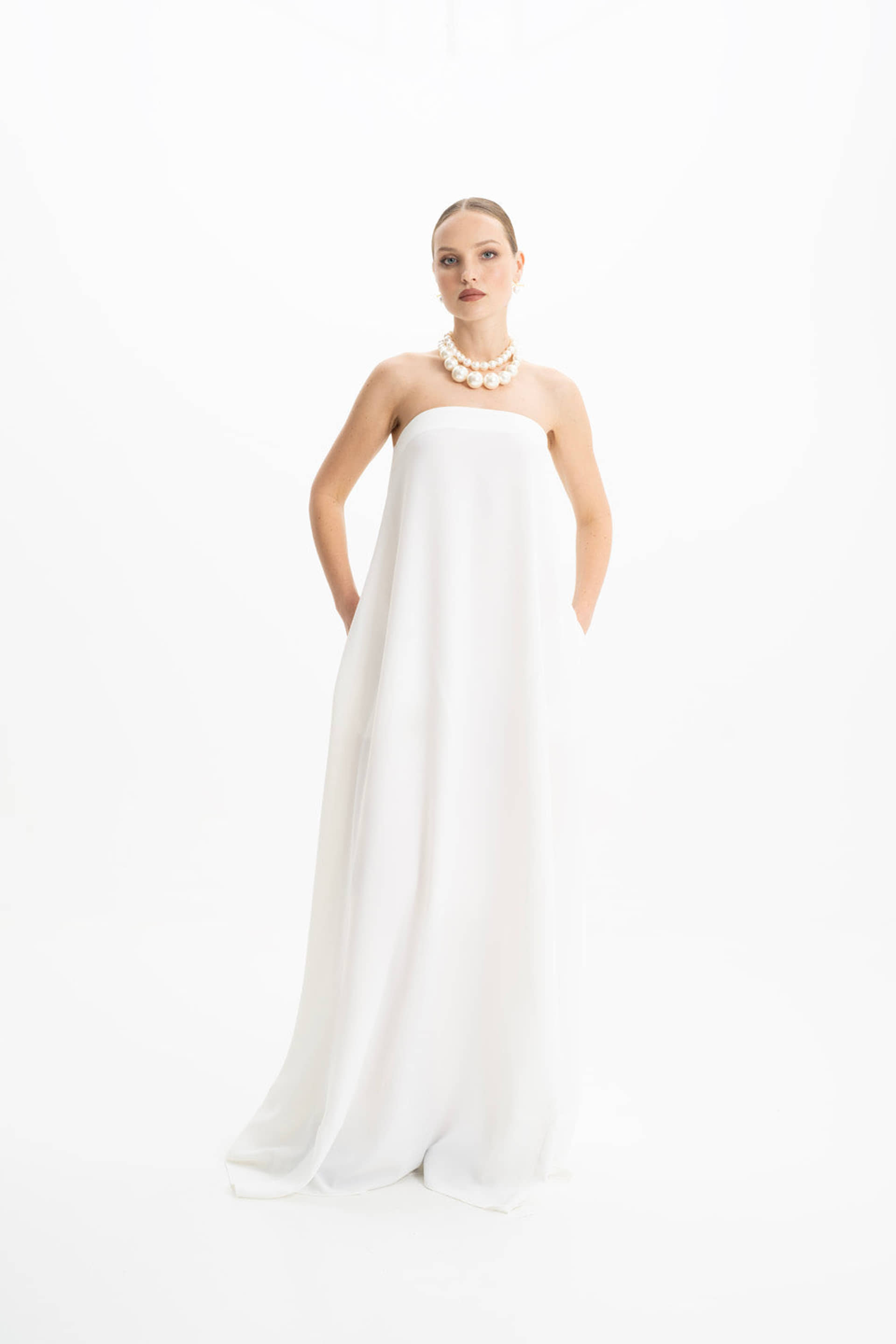 Amy Crepe White Strapless Maxi Dress made by Lora Istanbul
