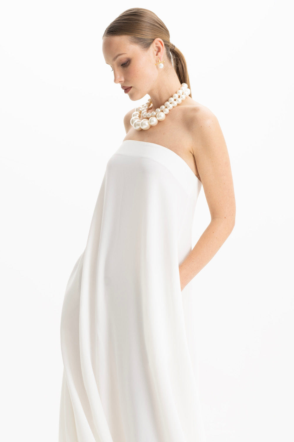 Amy Crepe White Strapless Maxi Dress made by Lora Istanbul