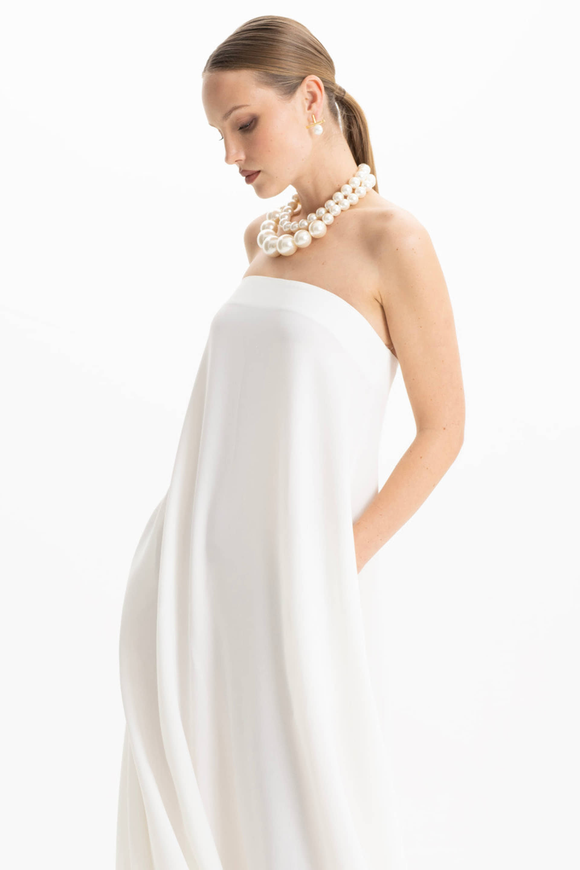 Amy Crepe White Strapless Maxi Dress made by Lora Istanbul