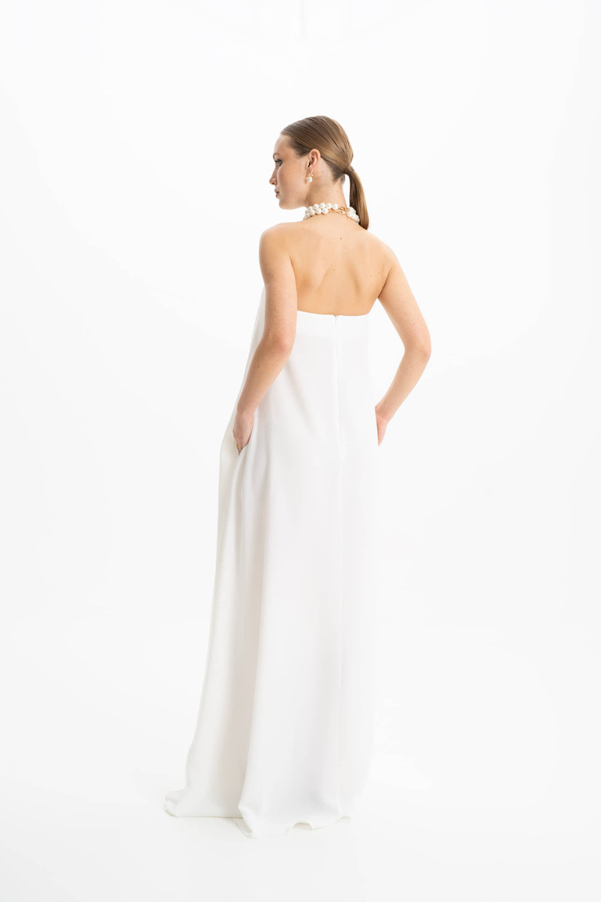 Amy Crepe White Strapless Maxi Dress made by Lora Istanbul