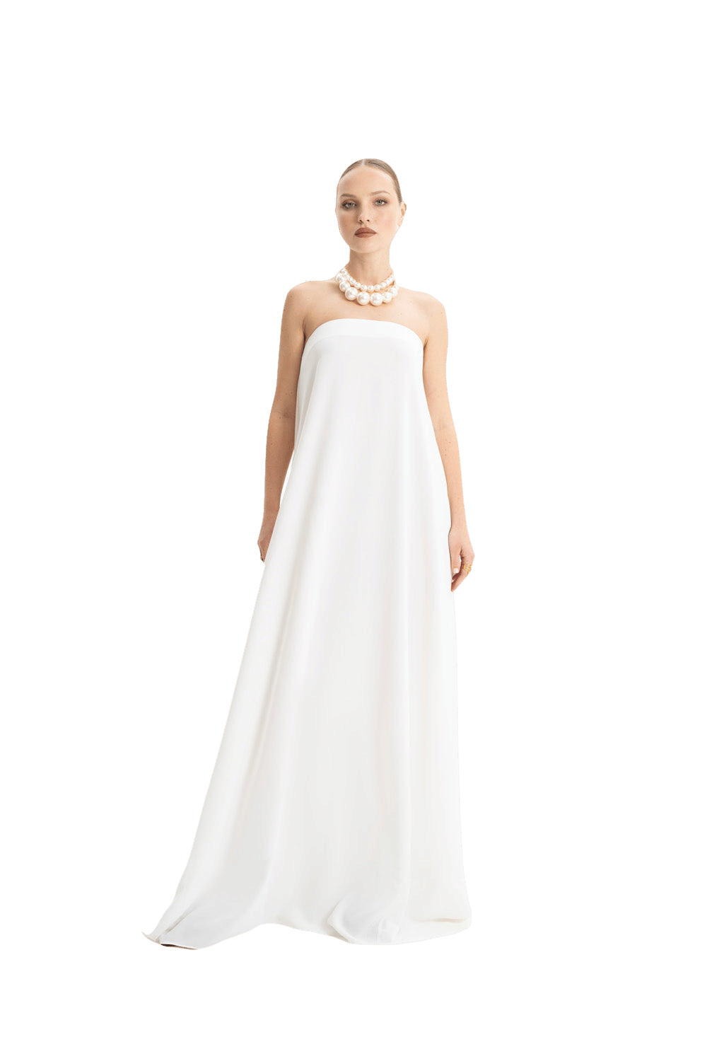 Amy Crepe White Strapless Maxi Dress made by Lora Istanbul