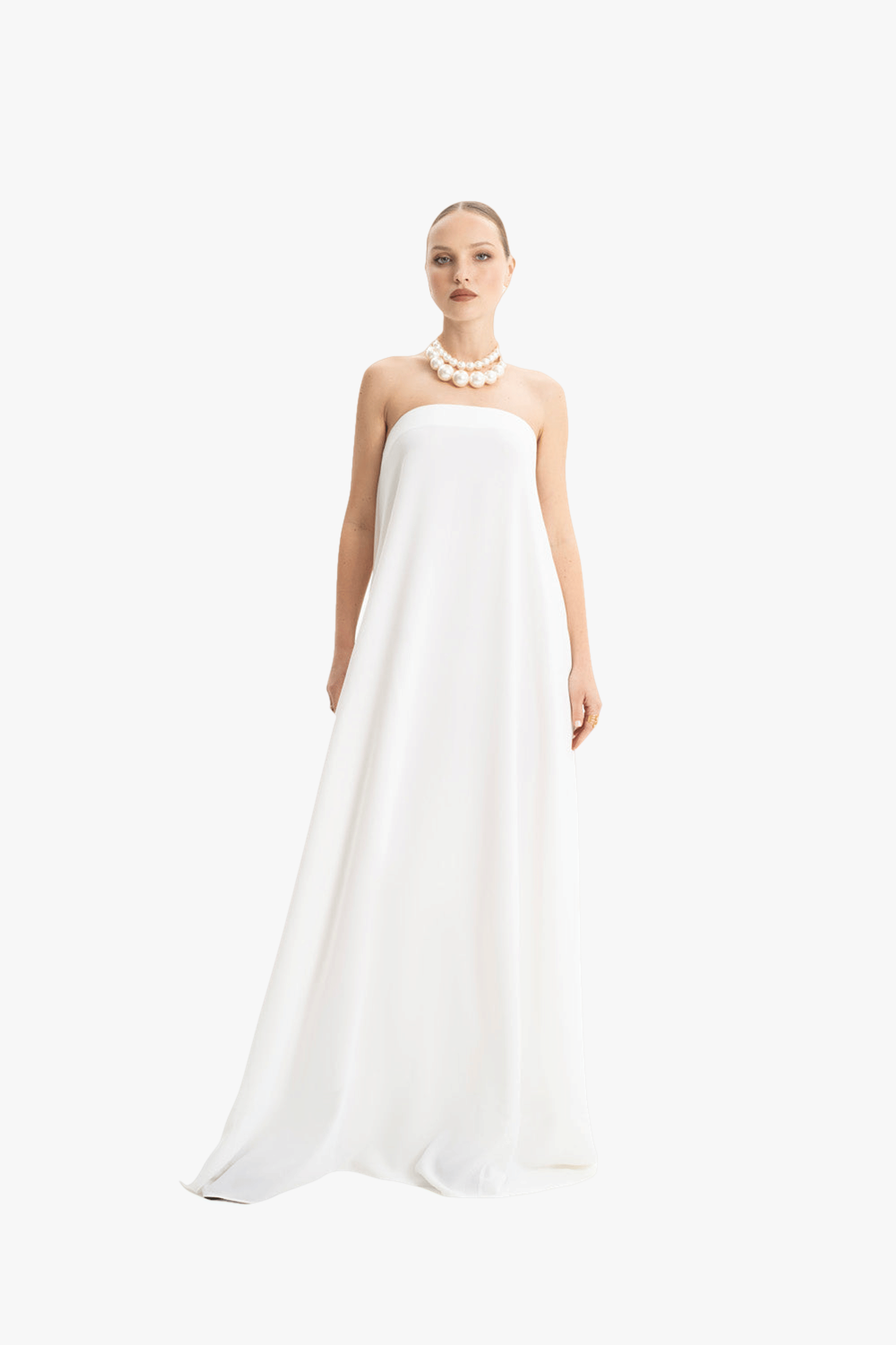 Amy Crepe White Strapless Maxi Dress made by Lora Istanbul