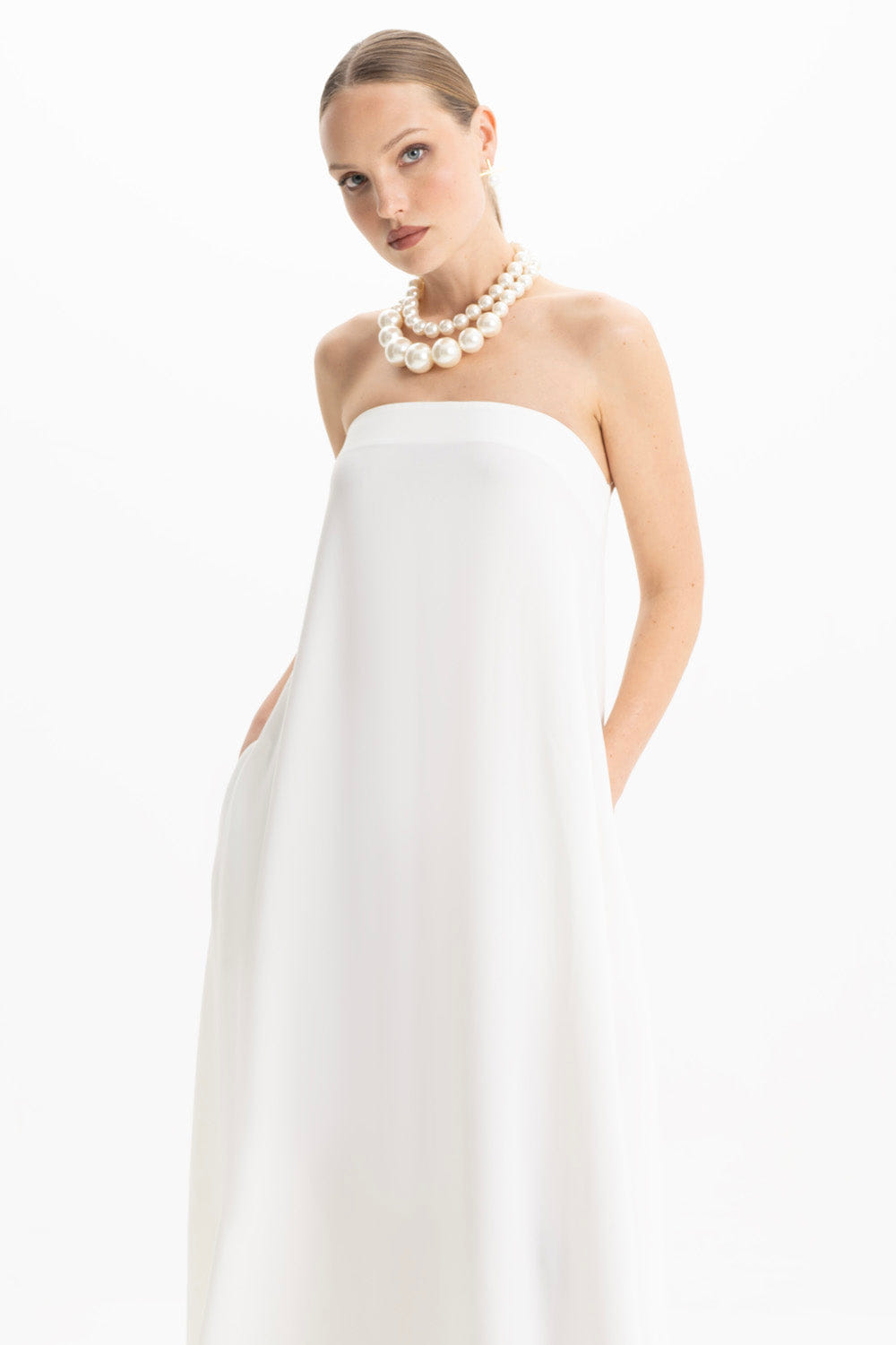 Amy Crepe White Strapless Maxi Dress made by Lora Istanbul