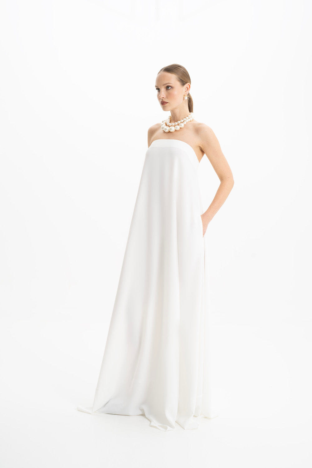 Amy Crepe White Strapless Maxi Dress made by Lora Istanbul