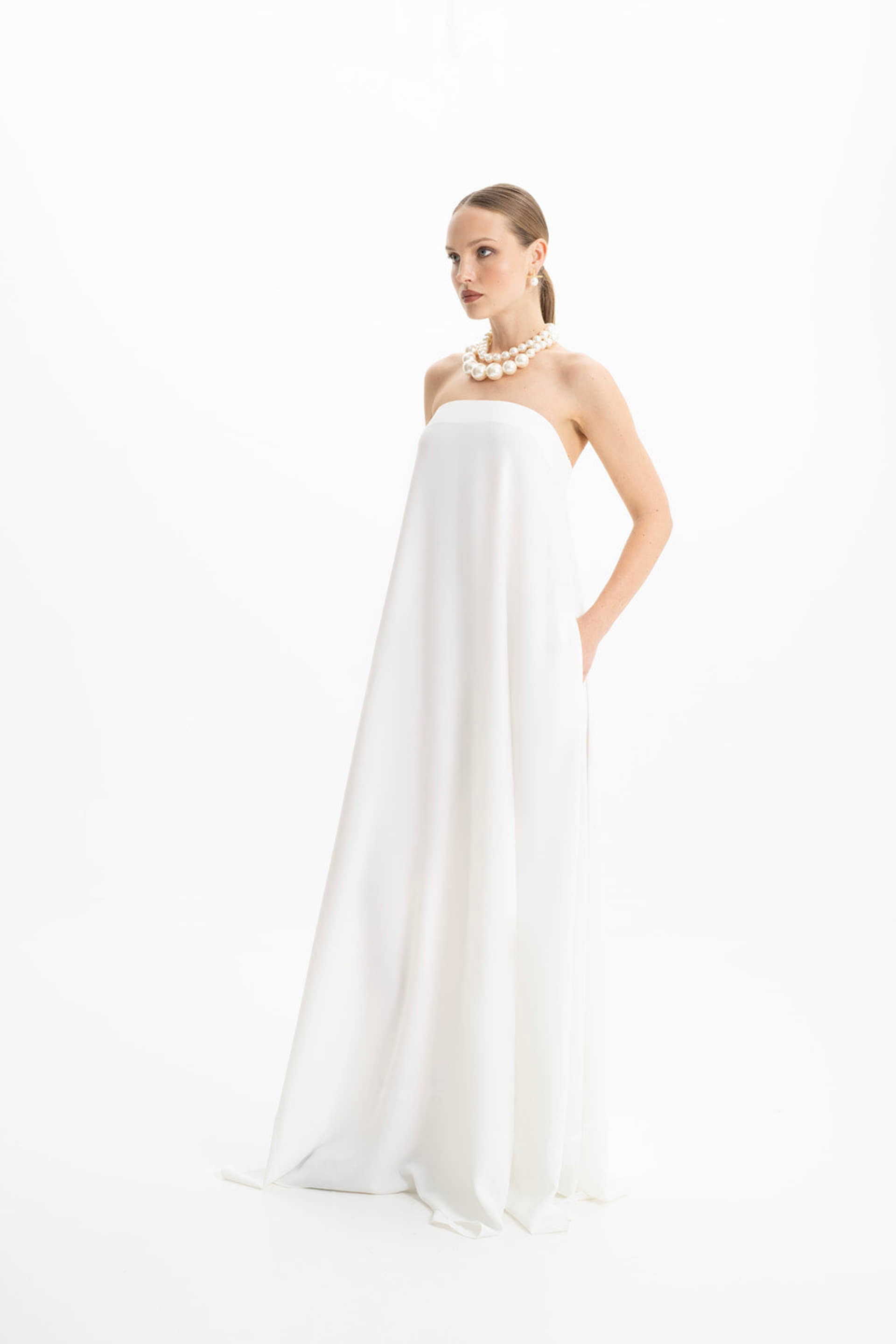 Amy Crepe White Strapless Maxi Dress made by Lora Istanbul