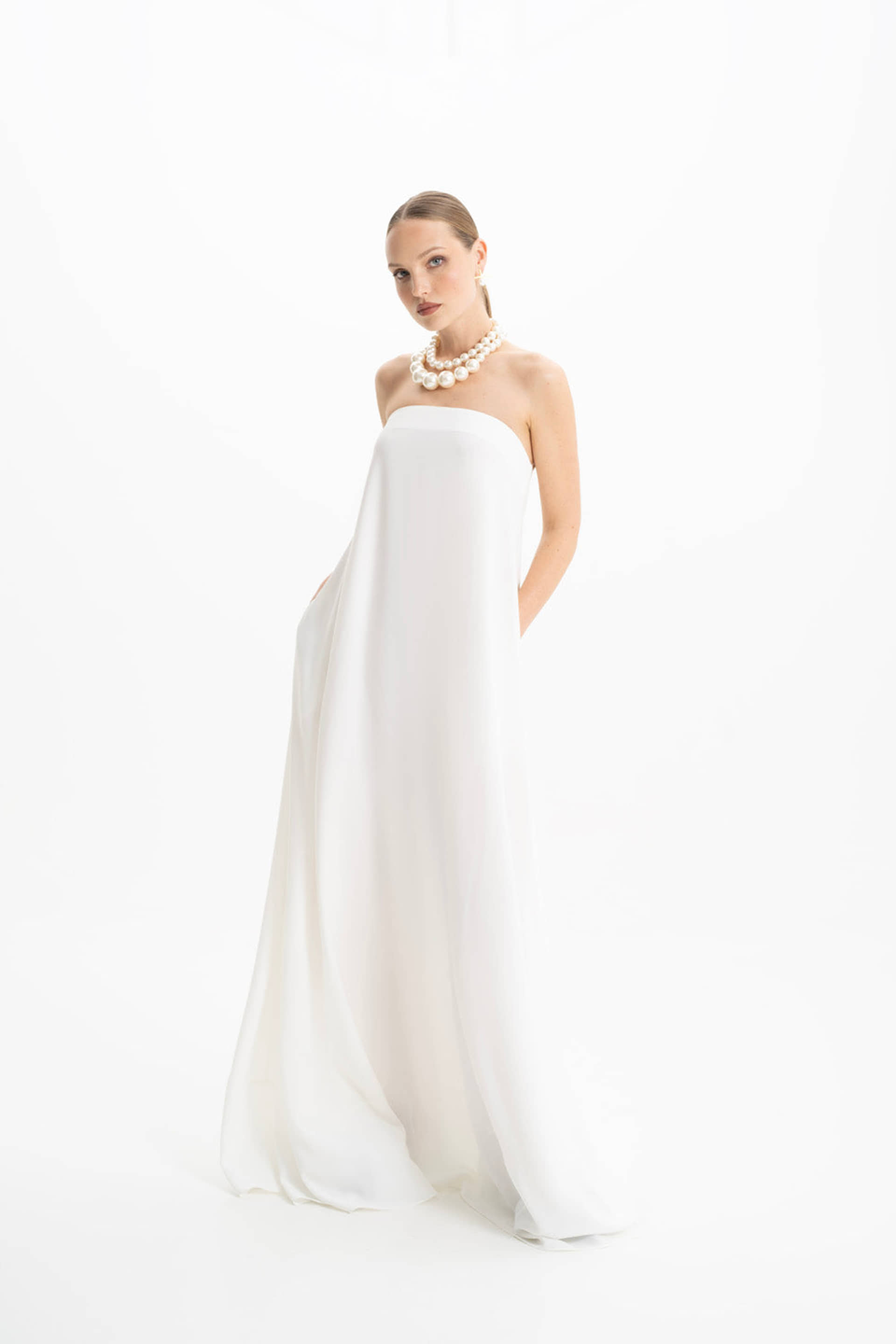 Amy Crepe White Strapless Maxi Dress made by Lora Istanbul