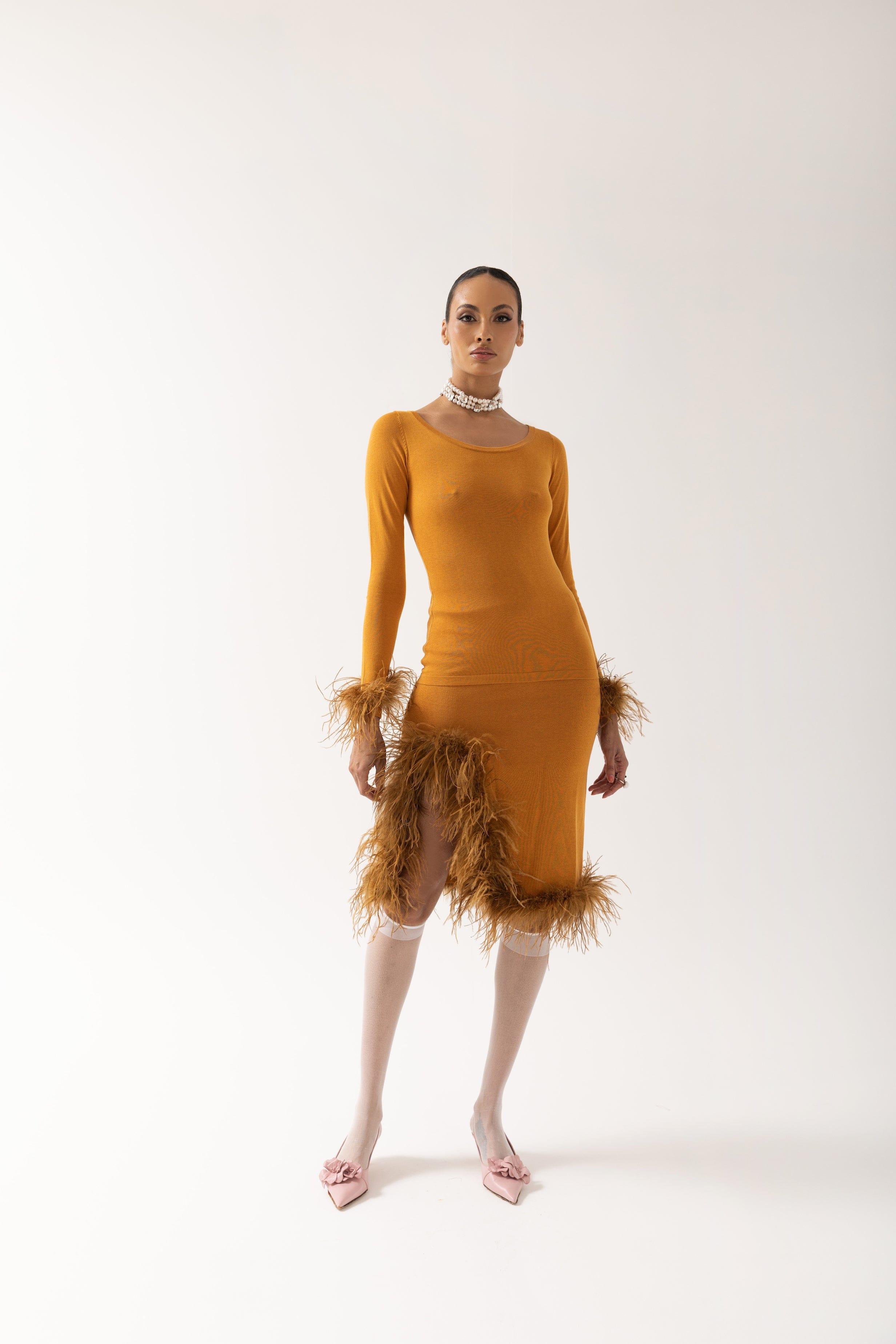 Camel Knit Top With Detachable Feather Cuffs made by ANDREEVA