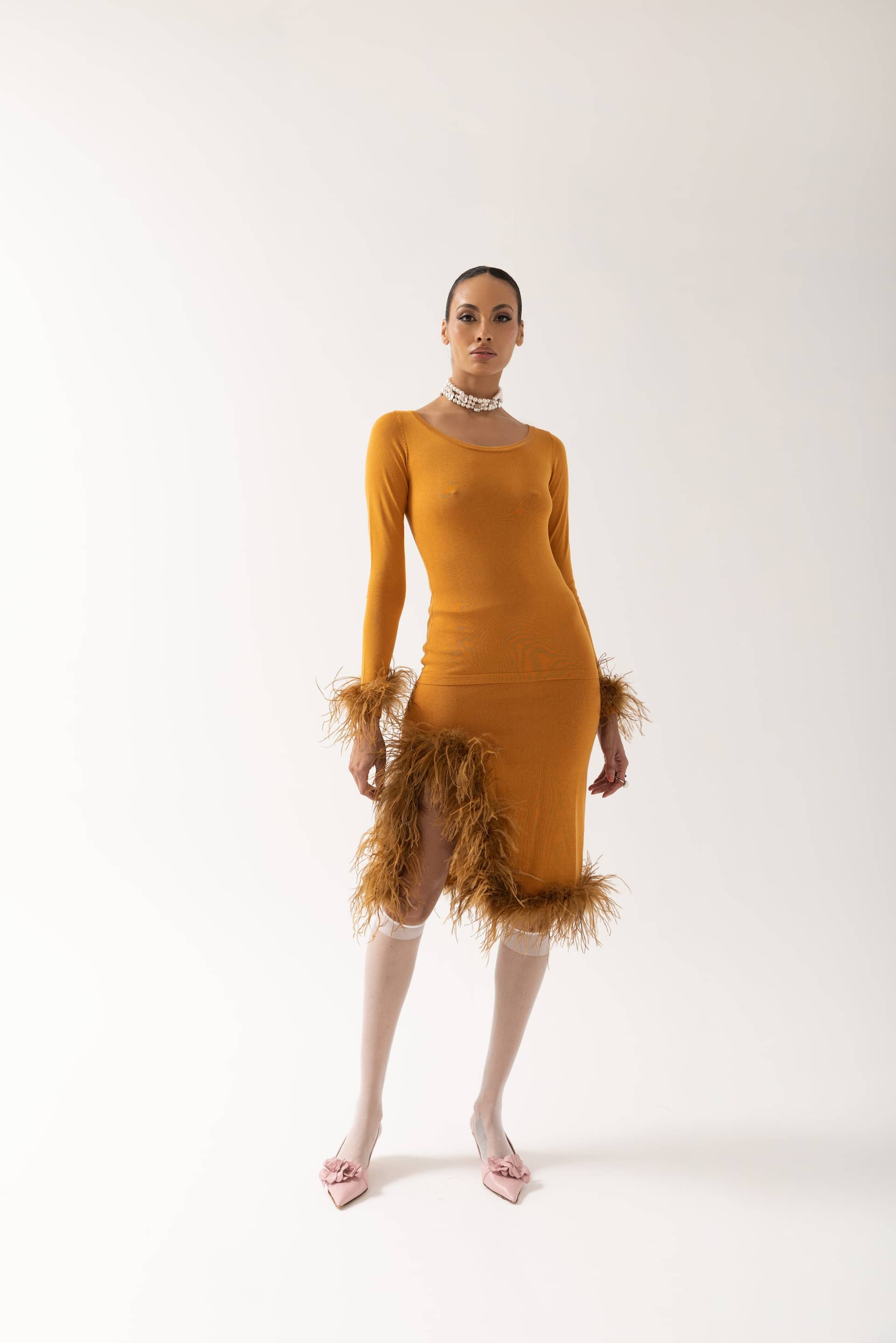Camel Knit Top With Detachable Feather Cuffs made by ANDREEVA