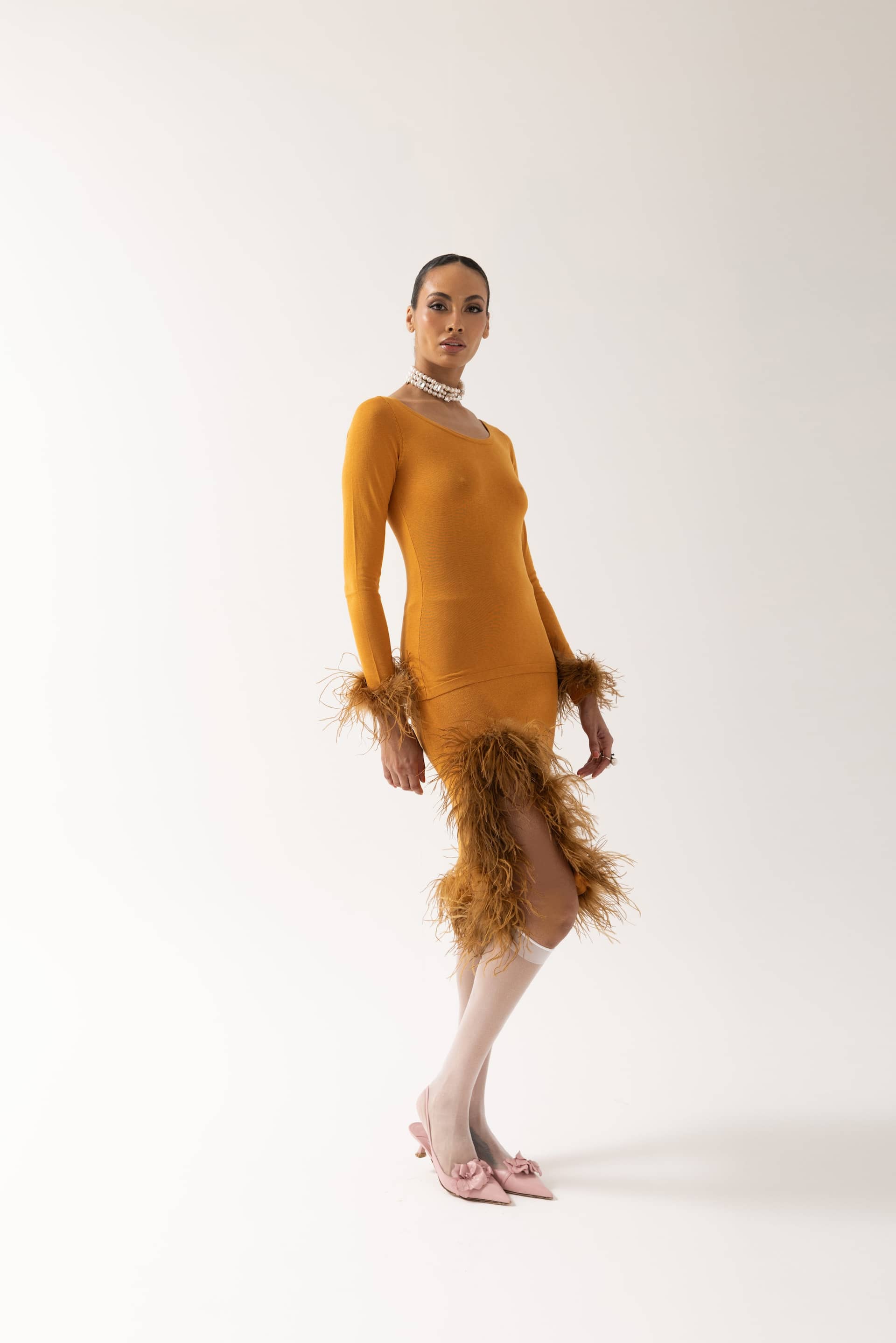 Camel Knit Top With Detachable Feather Cuffs made by ANDREEVA