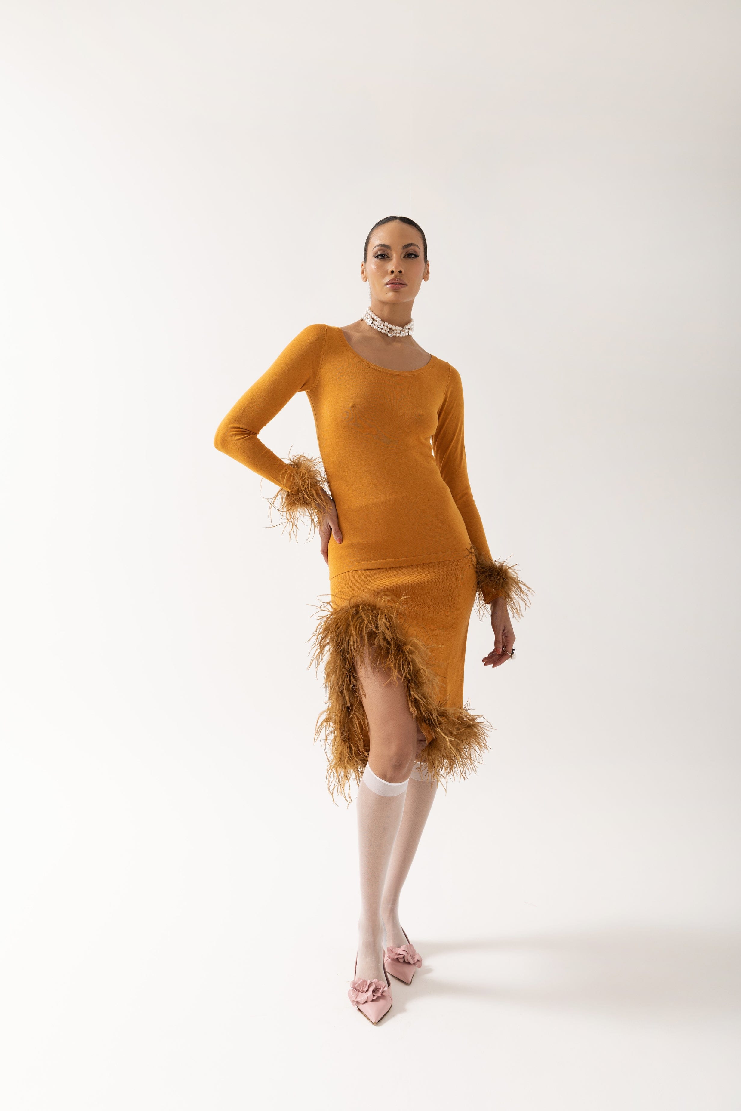 Camel Knit Top With Detachable Feather Cuffs made by ANDREEVA