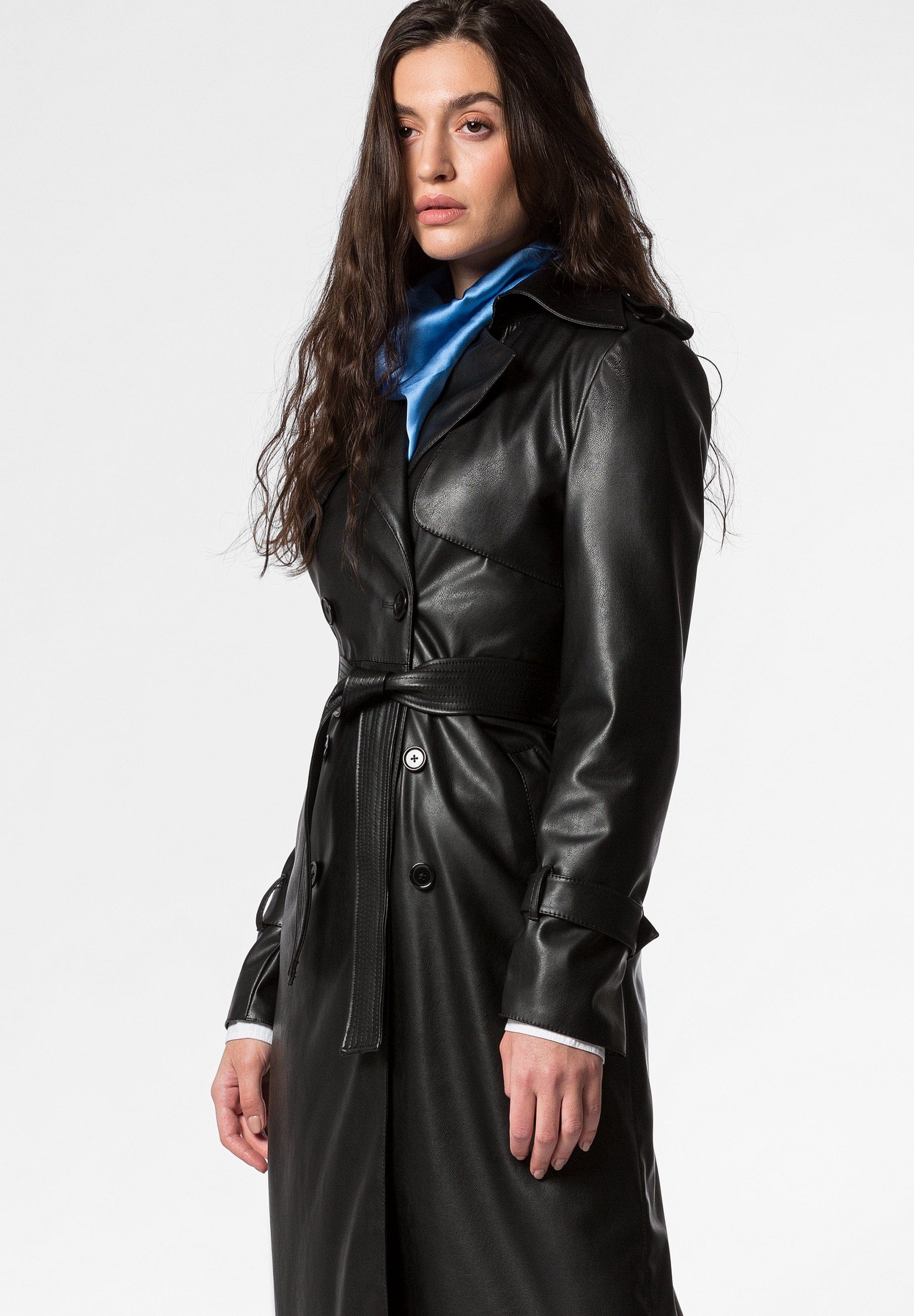 Manila Black vegan leather trench coat in Black made by DIVALO