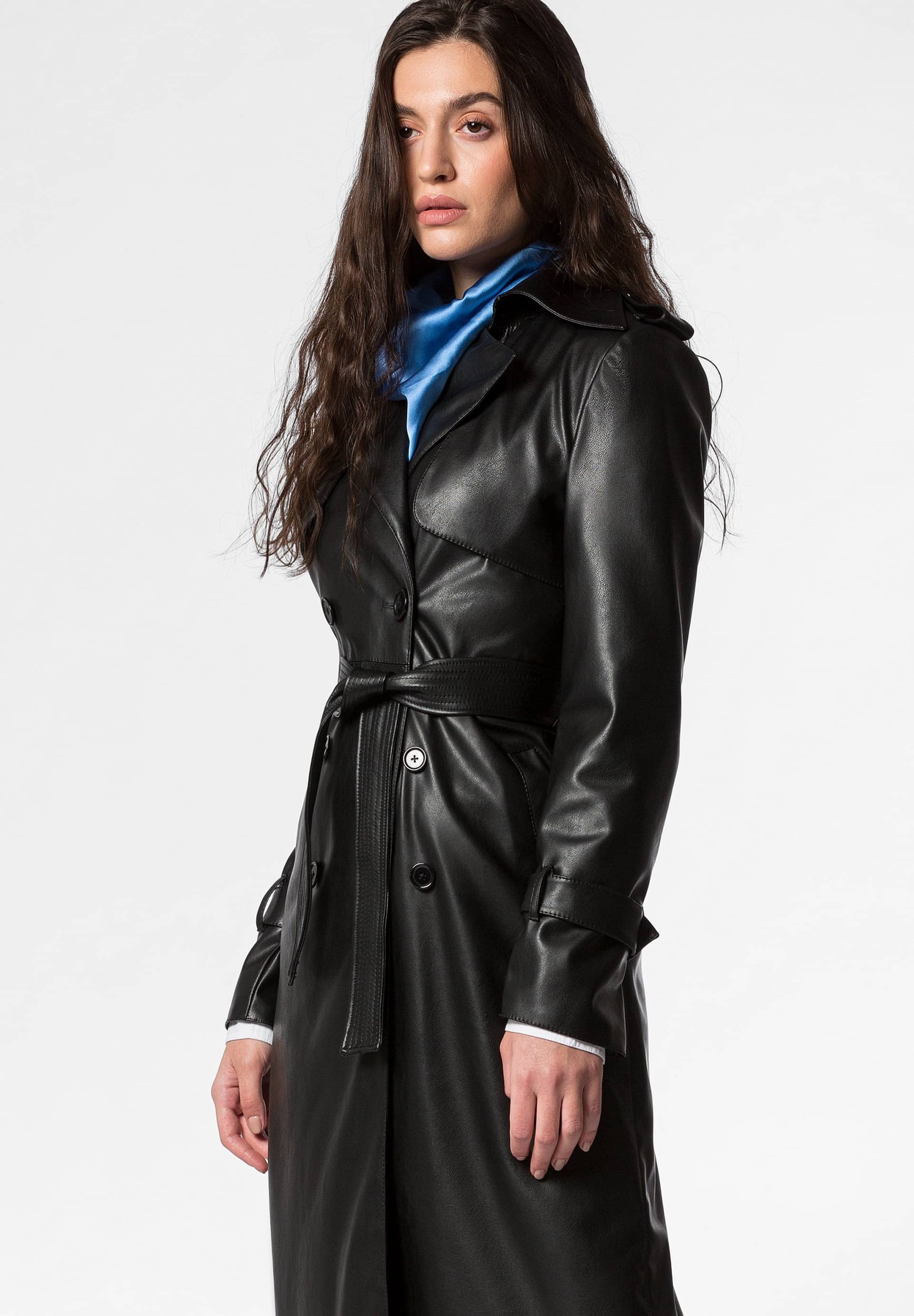 Manila Black vegan leather trench coat in Black made by DIVALO