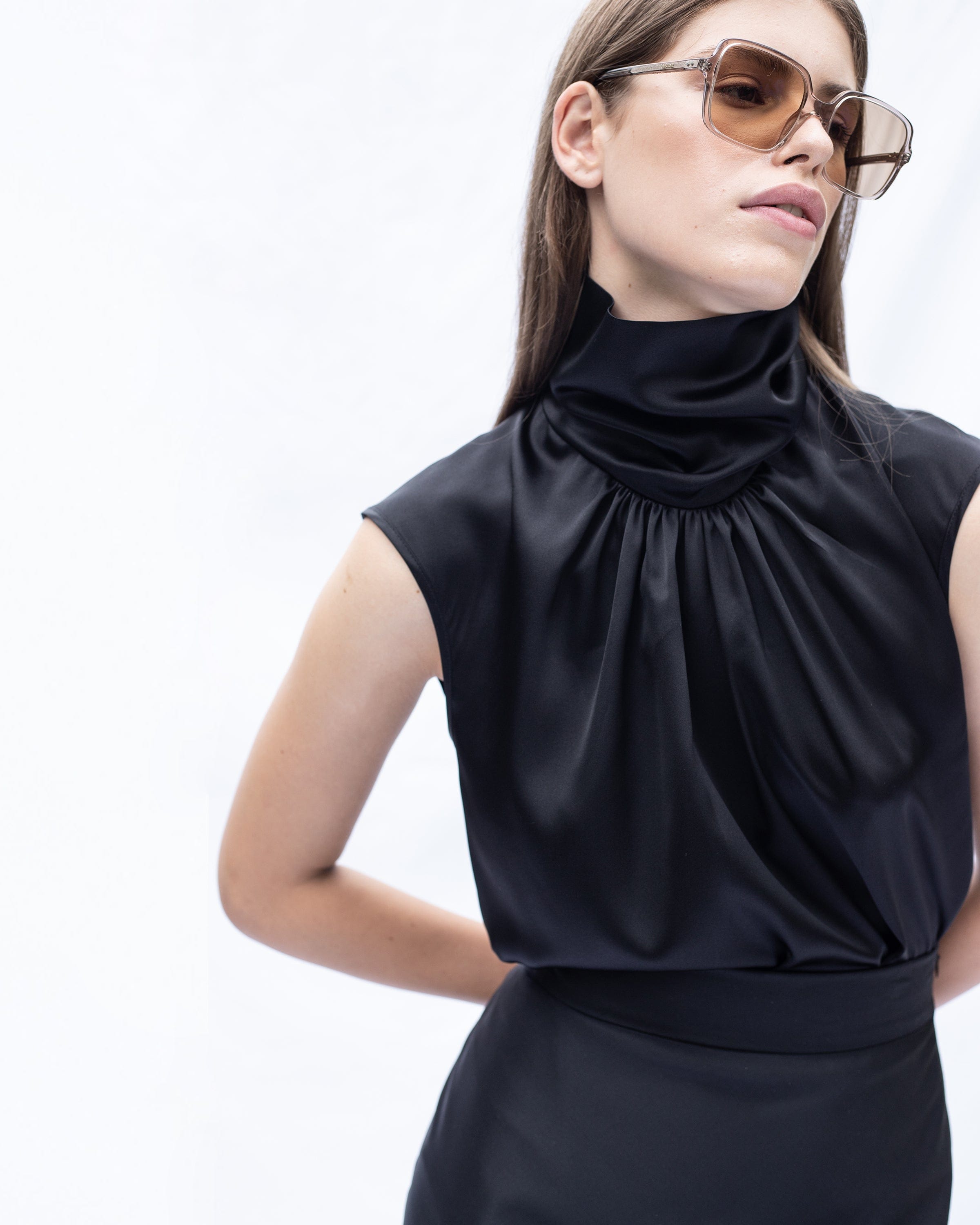 Draped Silk Turtleneck Blouse Black made by Vesna W