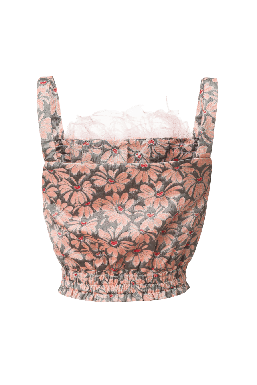 Grey flower top with pink feather details and pearl buttons made by ANDREEVA