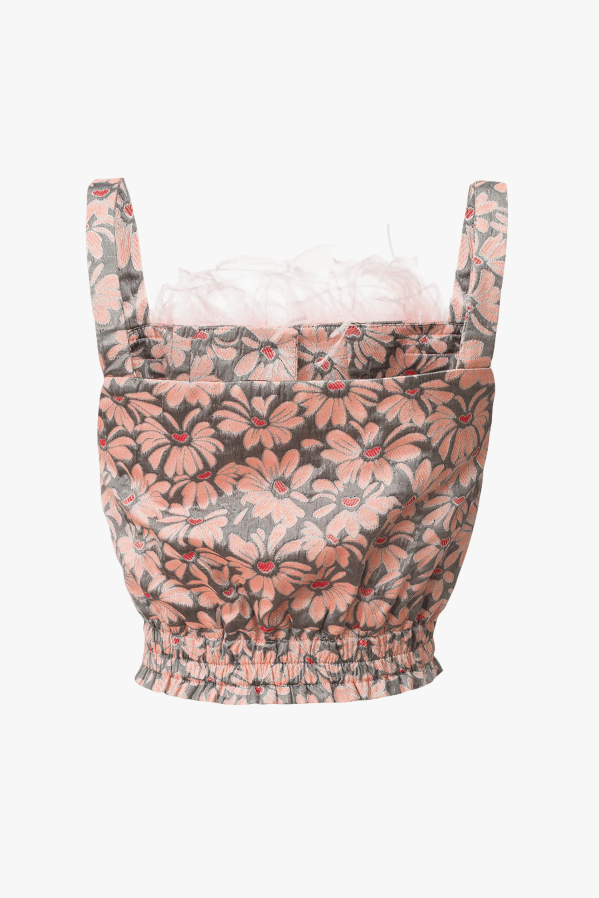 Grey flower top with pink feather details and pearl buttons made by ANDREEVA