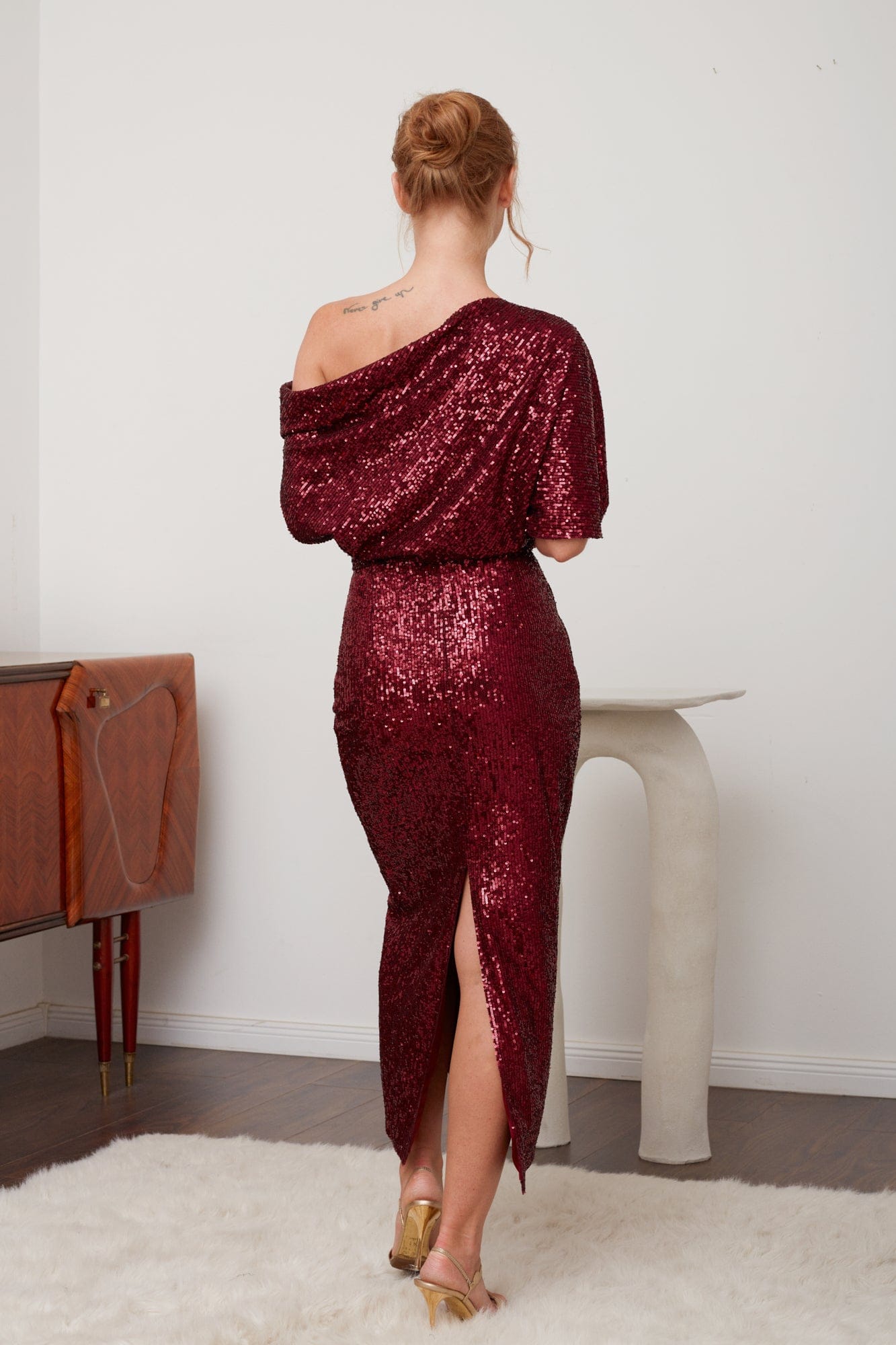 MARGO deep red sequin asymmetric cocktail dress made by UNDRESS