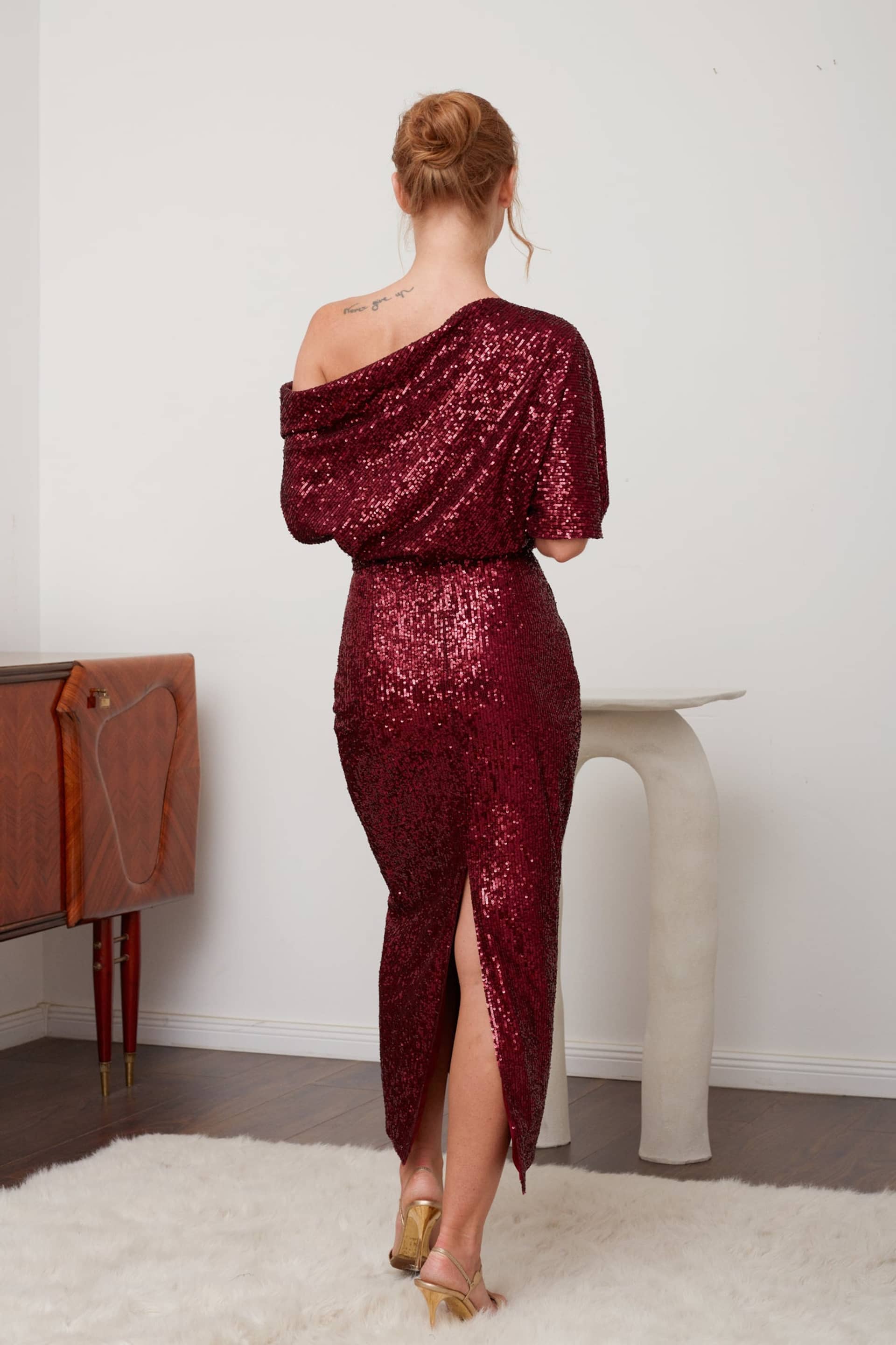 MARGO deep red sequin asymmetric cocktail dress made by UNDRESS