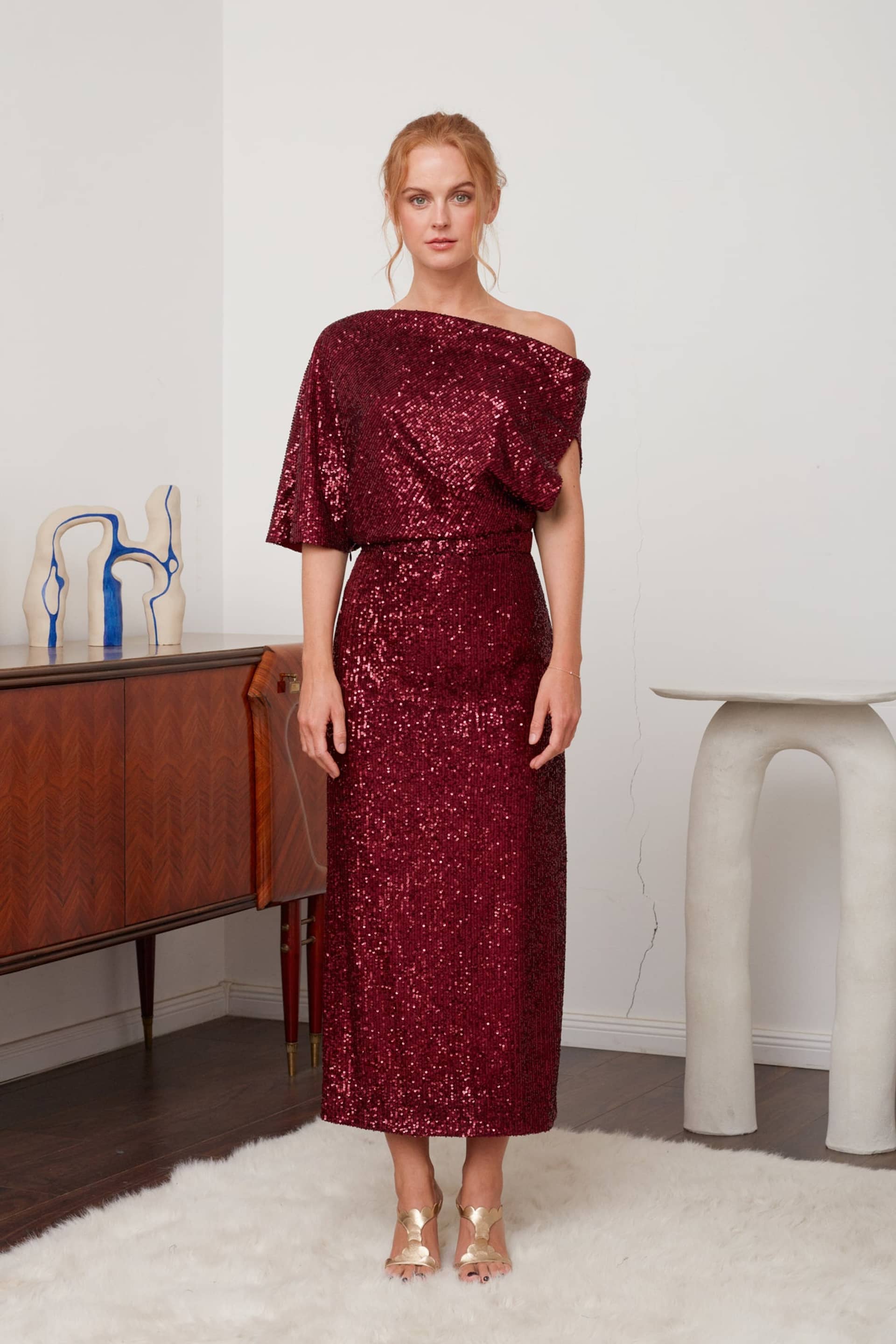 MARGO deep red sequin asymmetric cocktail dress made by UNDRESS