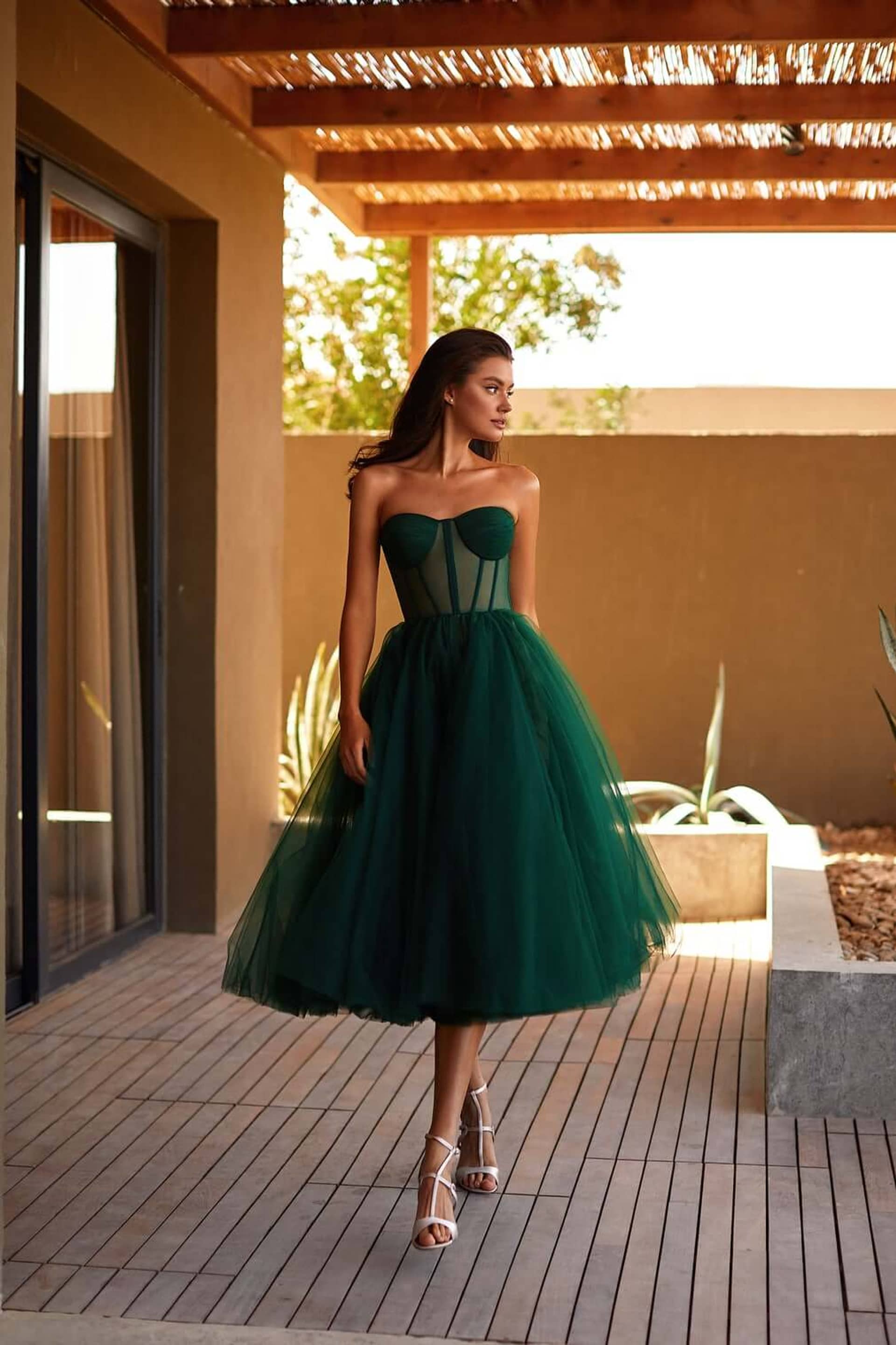 Emerald Green Strapless Puffy Midi Tulle Dress made by Milla