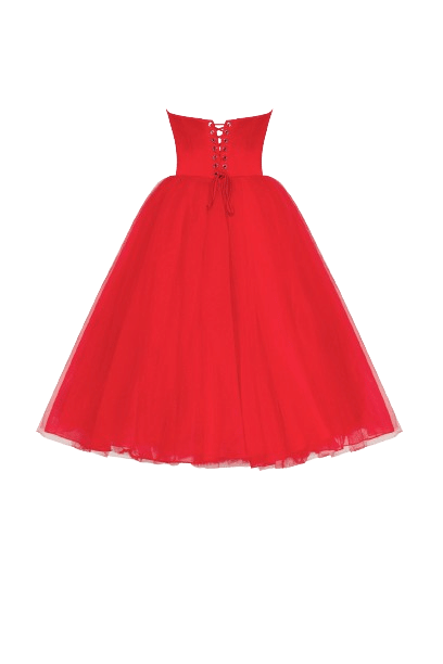 Dramatic red organza dress adorned with Milla's signature and black gloves, Xo Xo made by Milla