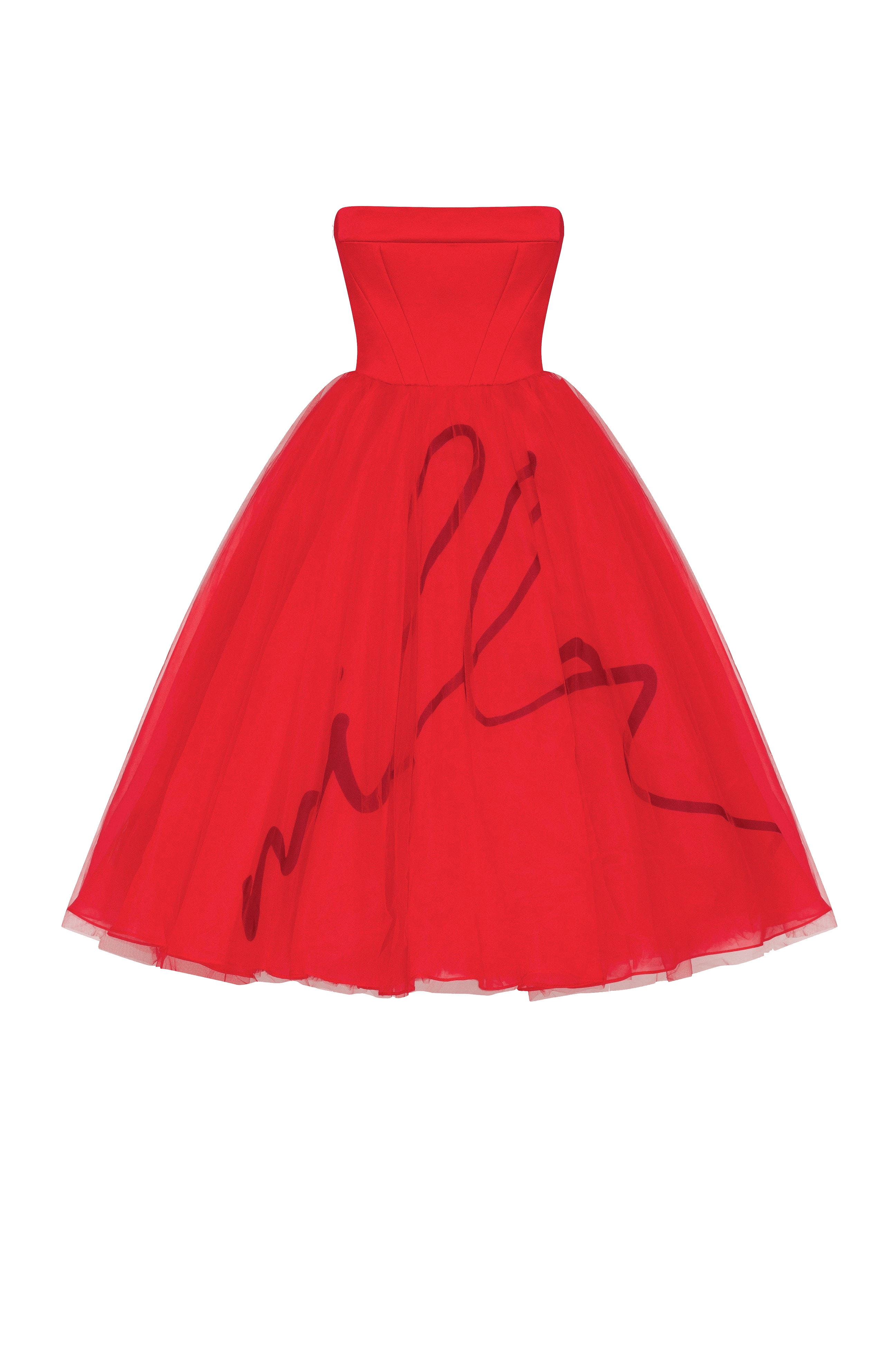 Dramatic red organza dress adorned with Milla's signature and black gloves, Xo Xo made by Milla