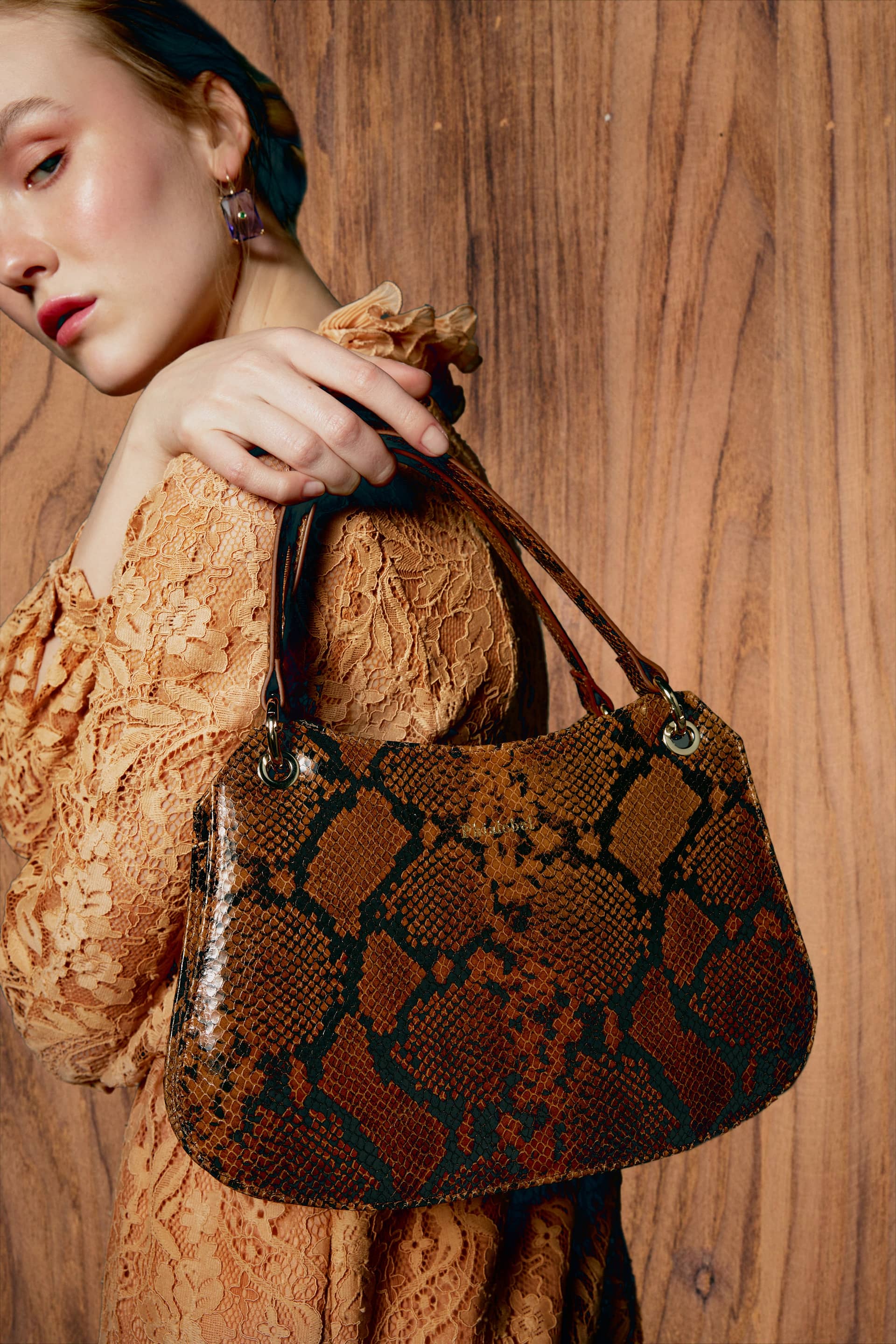 Mini Olympia camel in snake print made by Phialebel