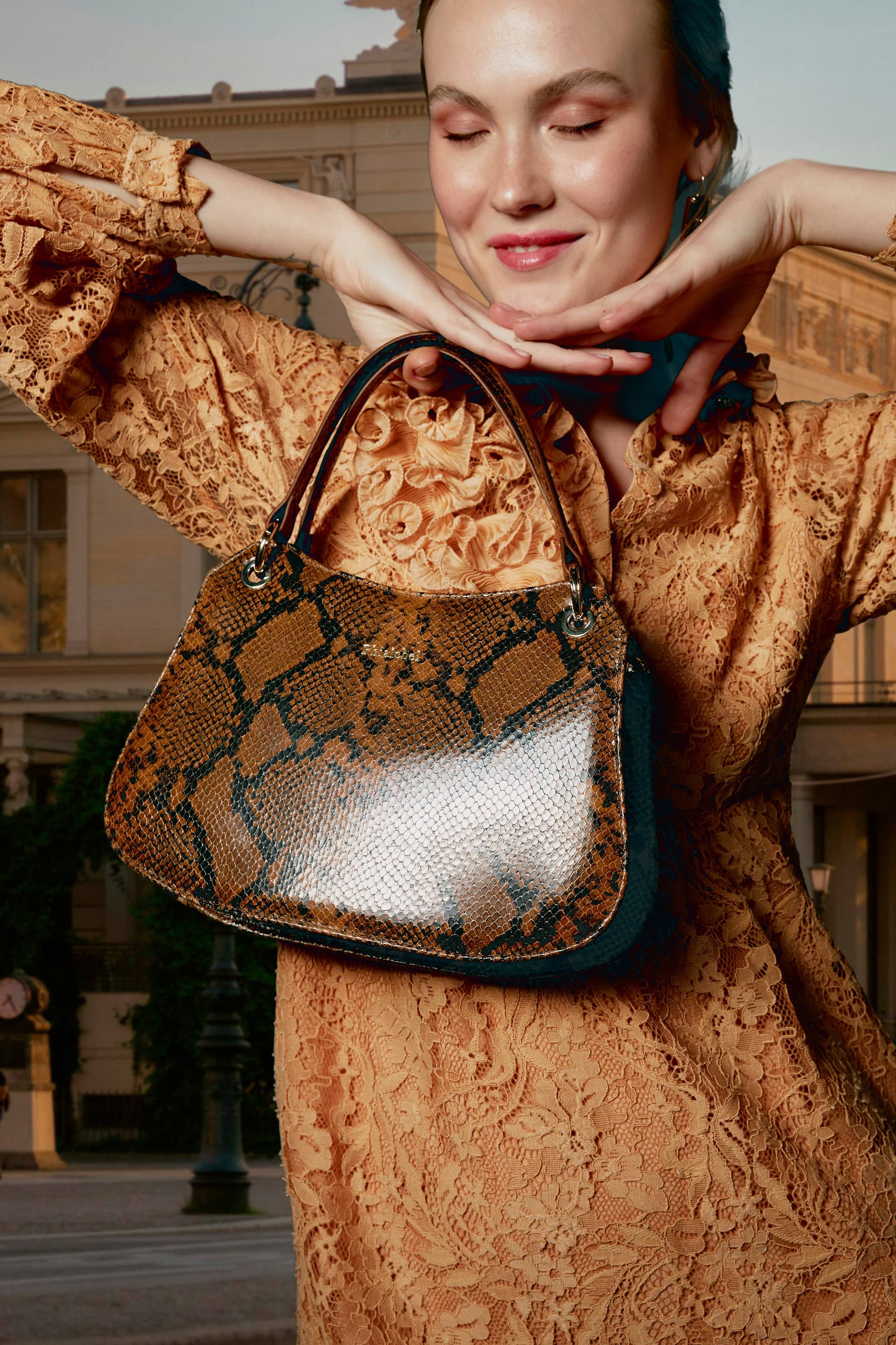 Mini Olympia camel in snake print made by Phialebel