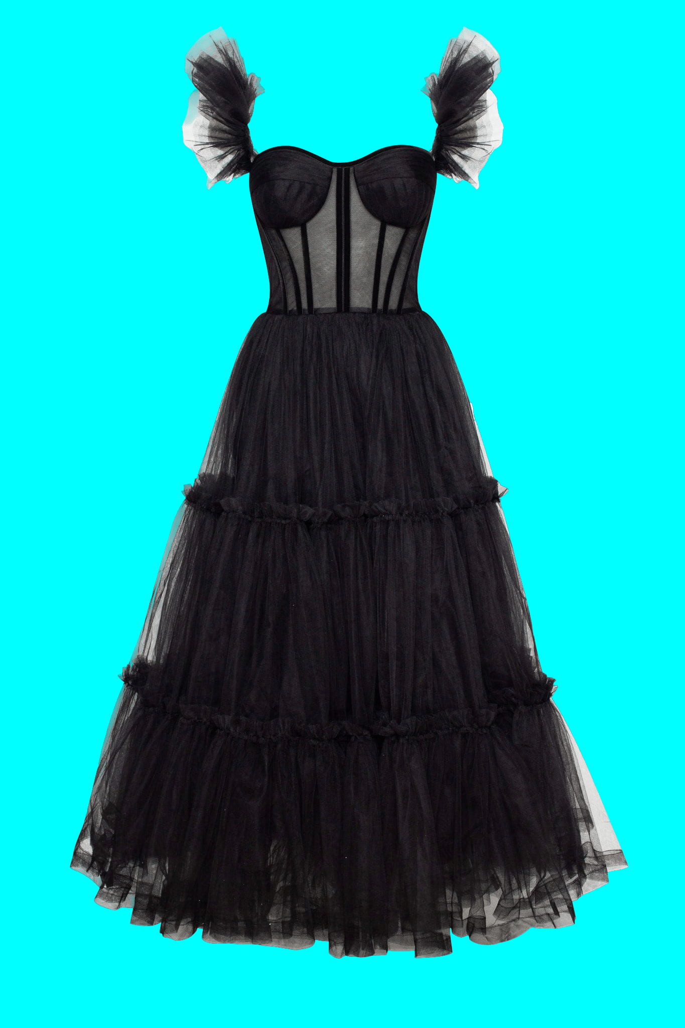 Milla | Black Ruffled Tulle Midi Dress | Women's Black Midi dresses | Seezona Milla | Black Ruffled Tulle Midi Dress | Women's Black Midi dresses | Seezona