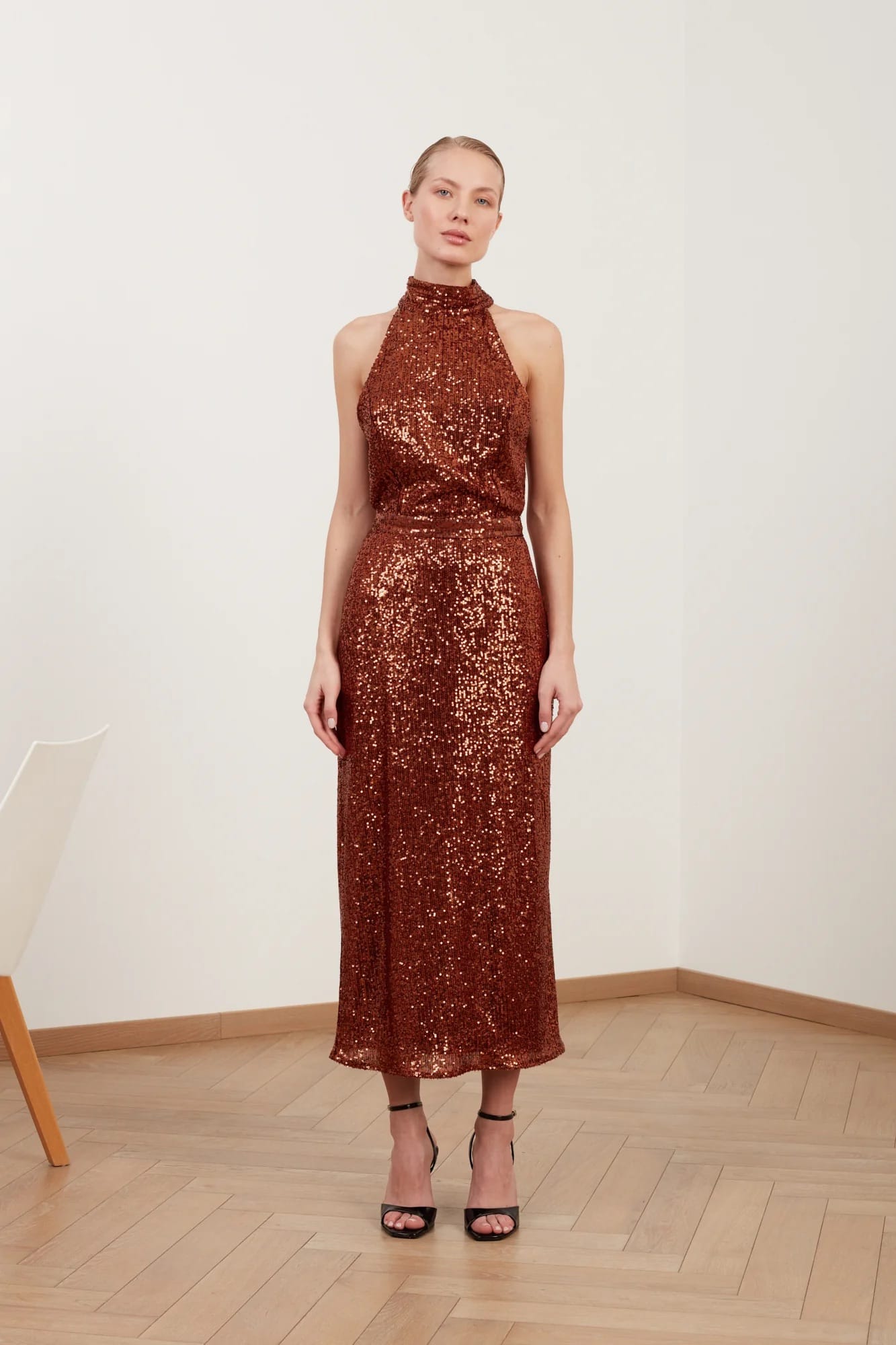 BRIANNA brown sequin bodycon midi dress with turtleneck made by UNDRESS