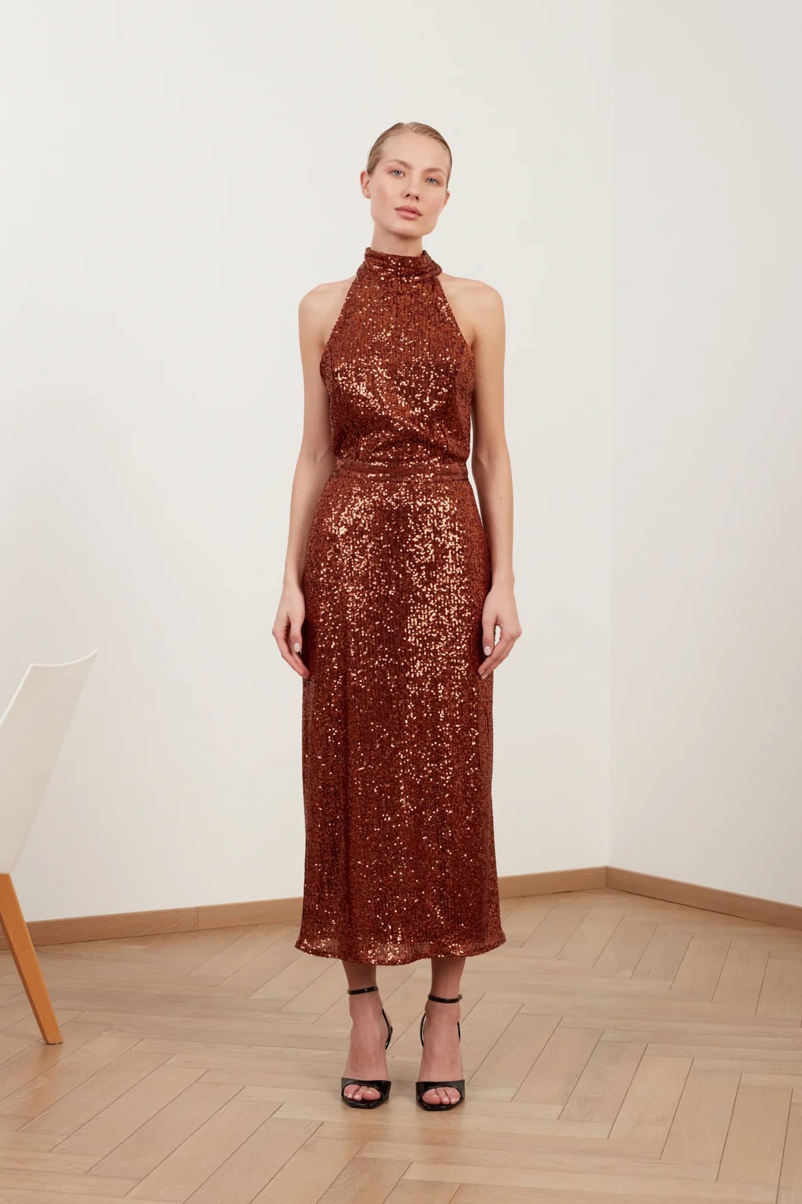 BRIANNA brown sequin bodycon midi dress with turtleneck made by UNDRESS