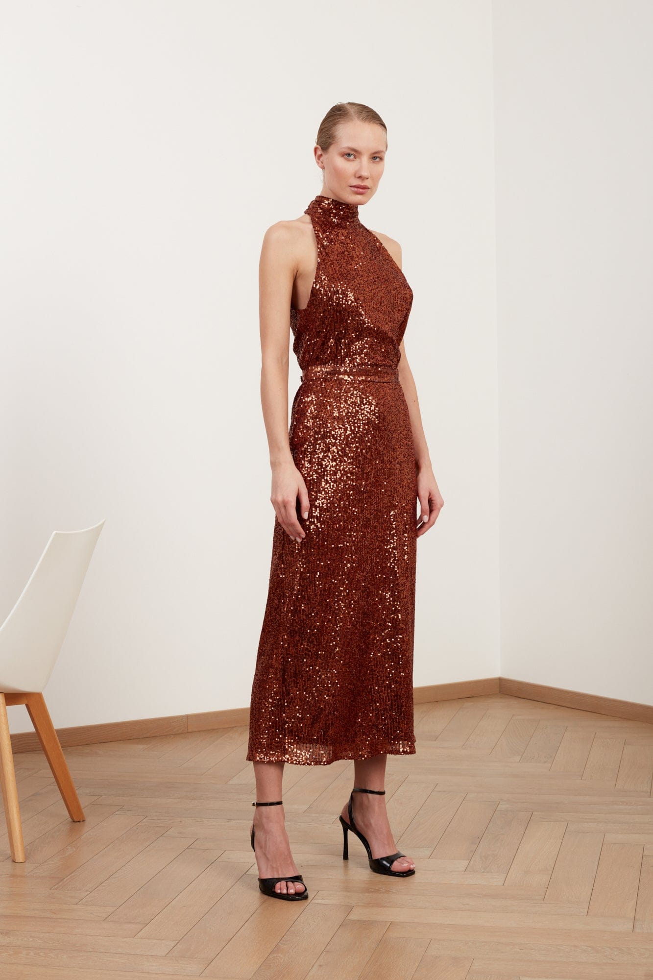 BRIANNA brown sequin bodycon midi dress with turtleneck made by UNDRESS