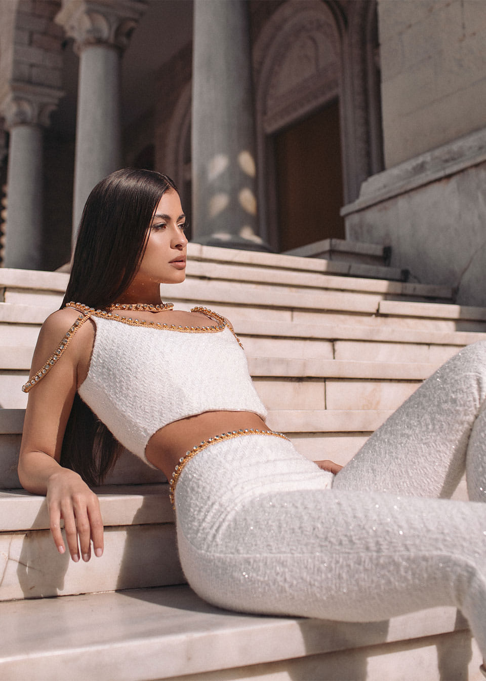 Gold thread-embroidered tweed pants made by Monika Dimova