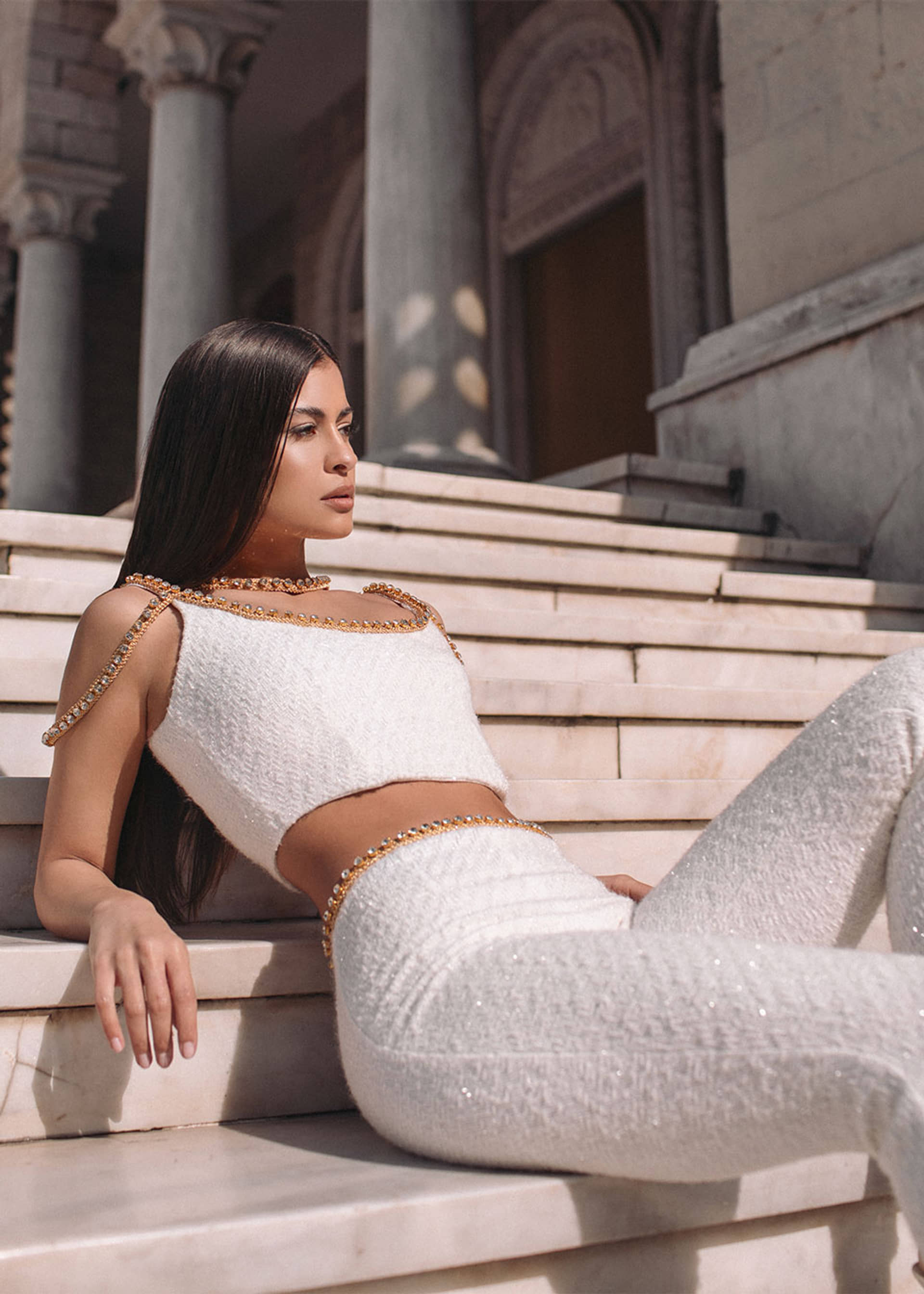 Gold thread-embroidered tweed pants made by Monika Dimova