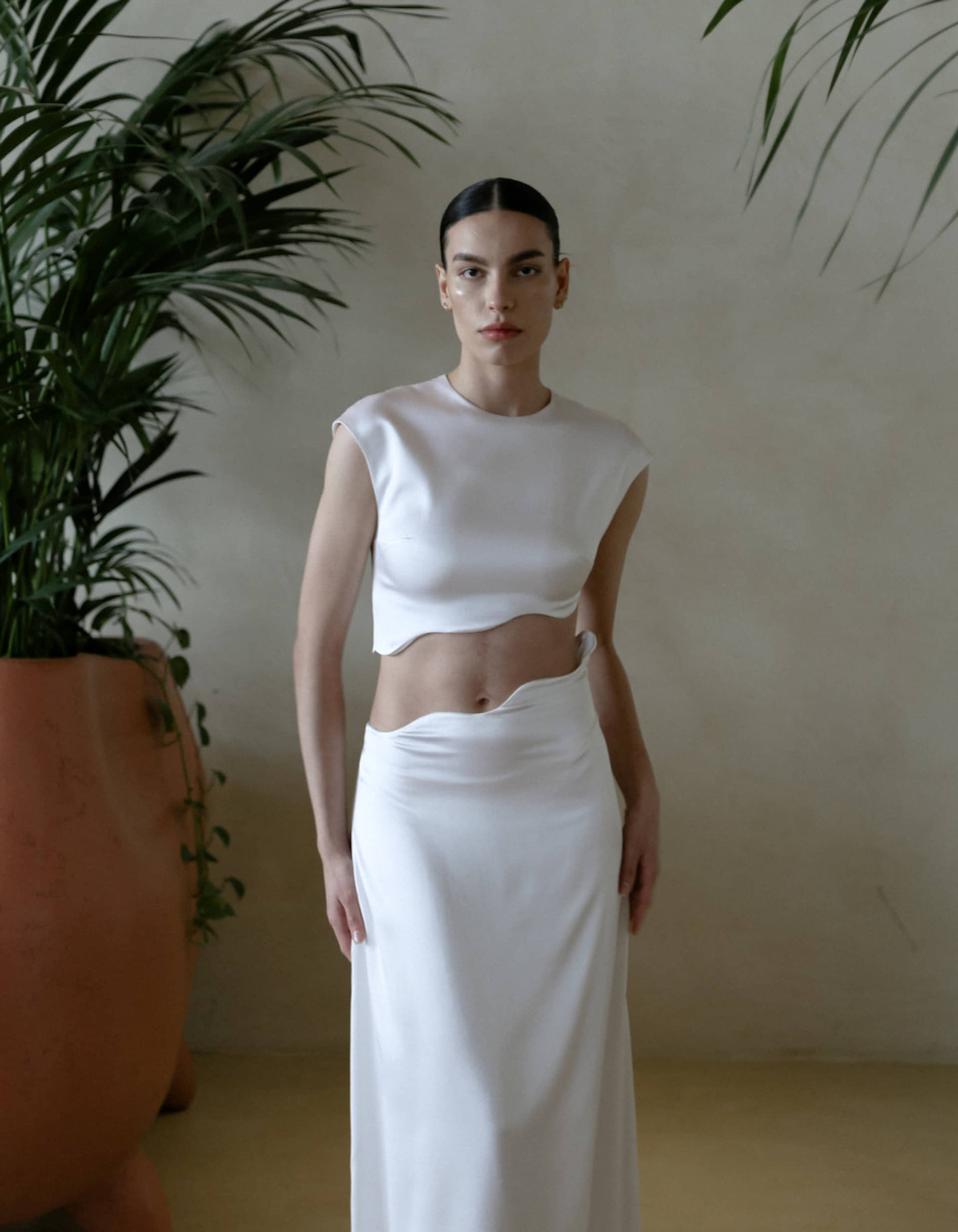 RHEA Silk Skirt in White made by MAET