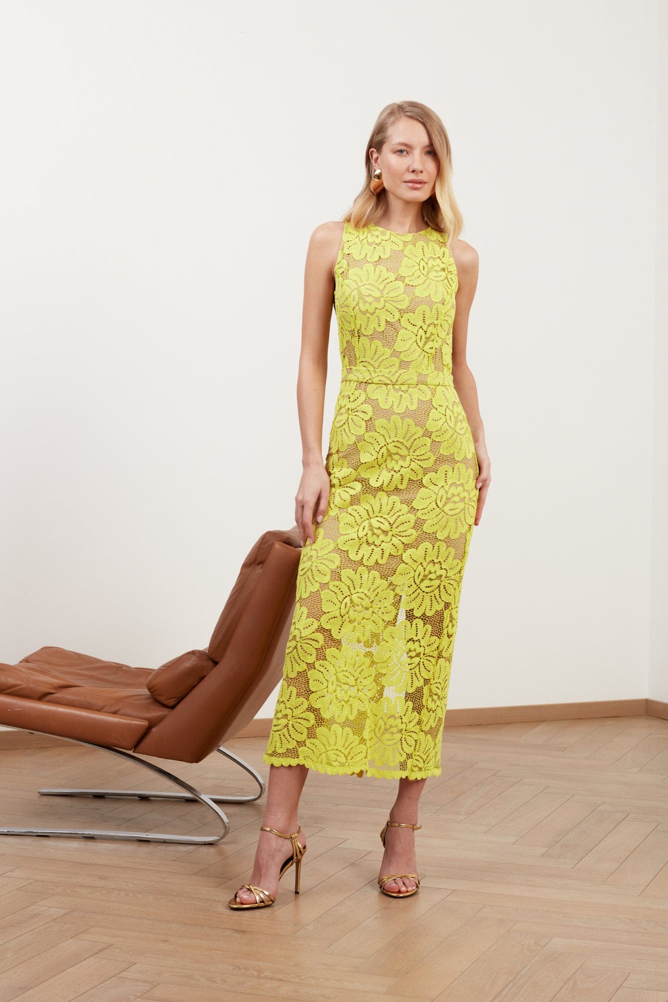 YEMA lime green lace midi dress with naked back made by UNDRESS