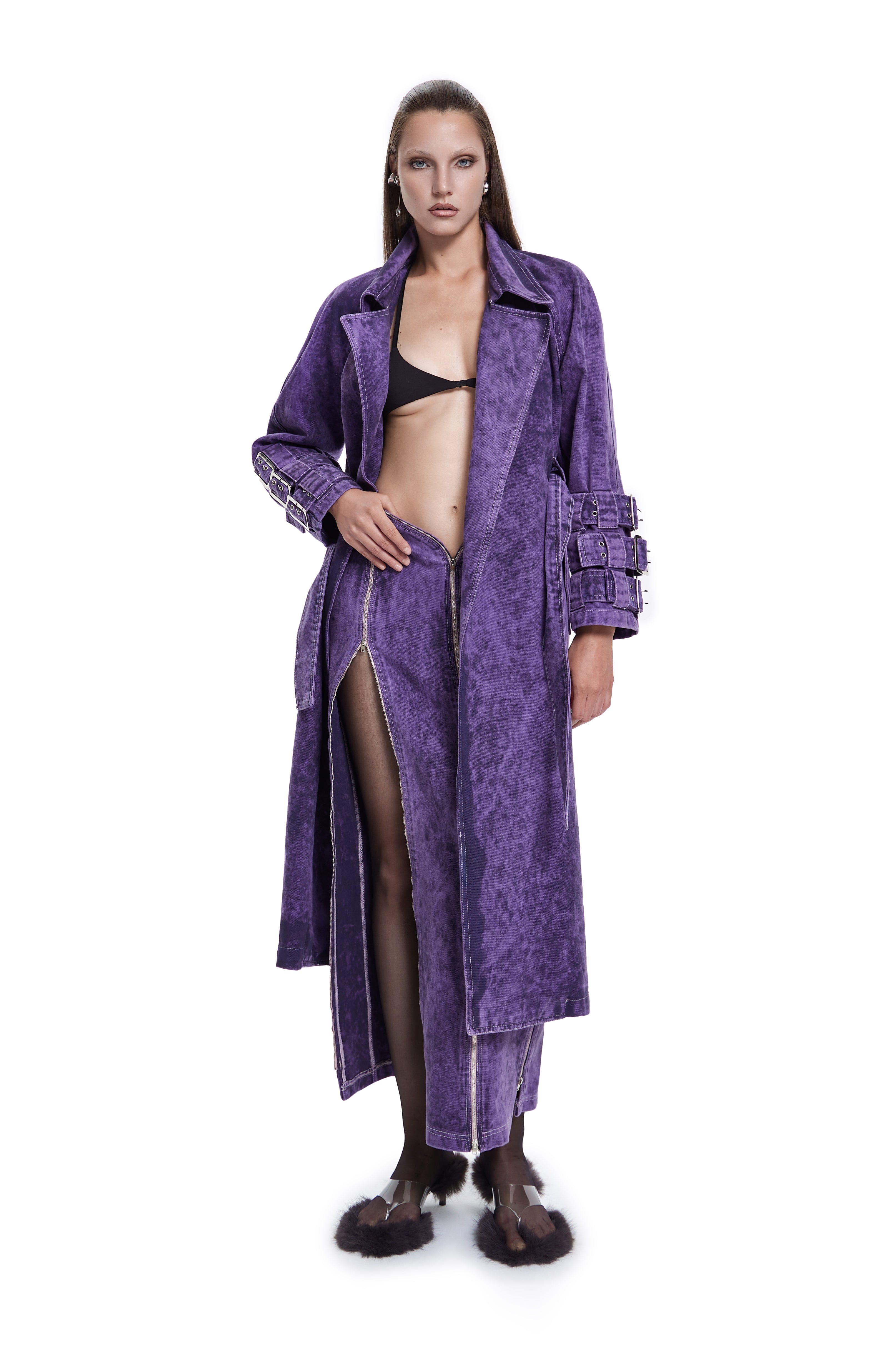 Voidwalker Trench Coat in Purple Acid Wash made by Khela