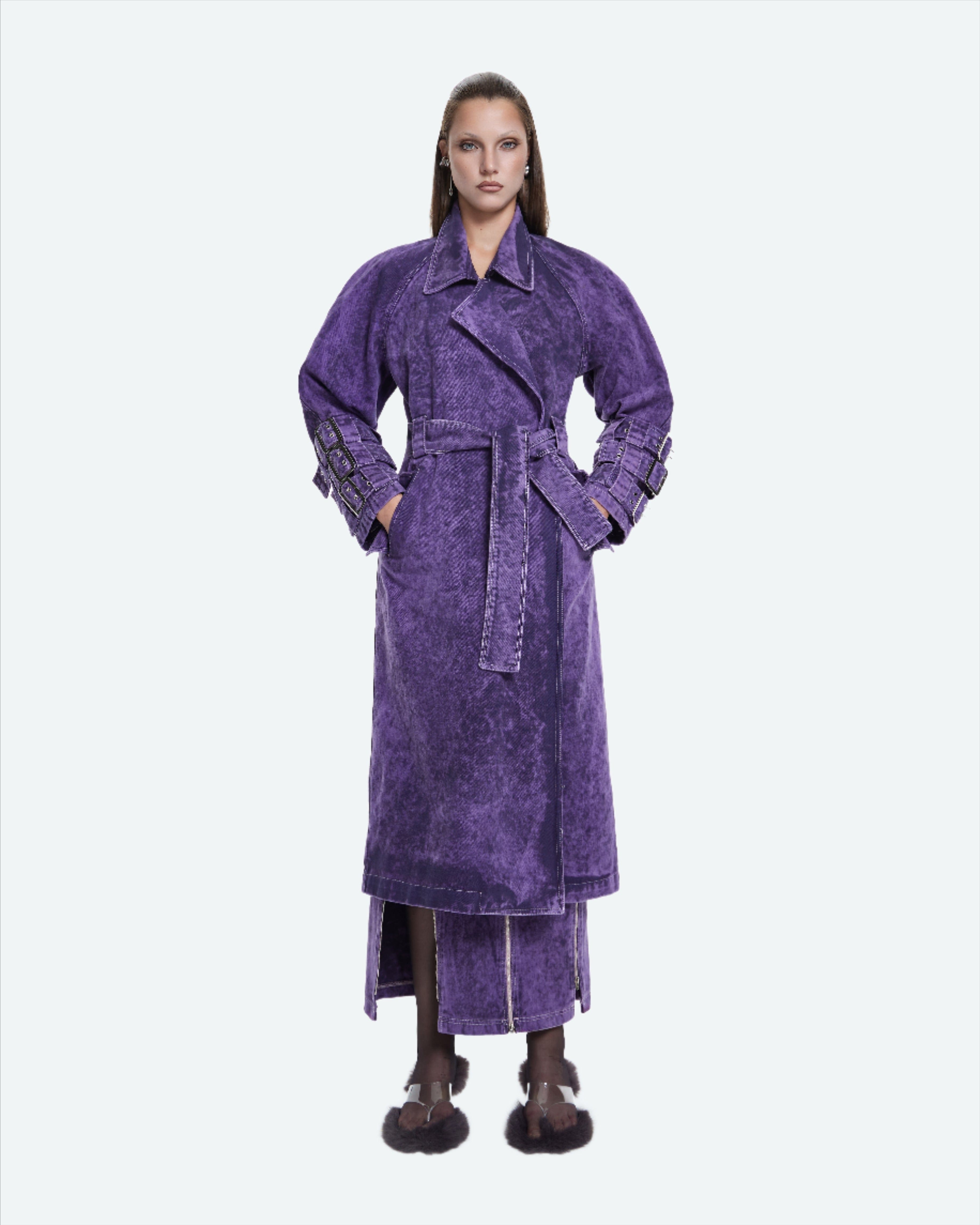 Voidwalker Trench Coat in Purple Acid Wash made by Khela