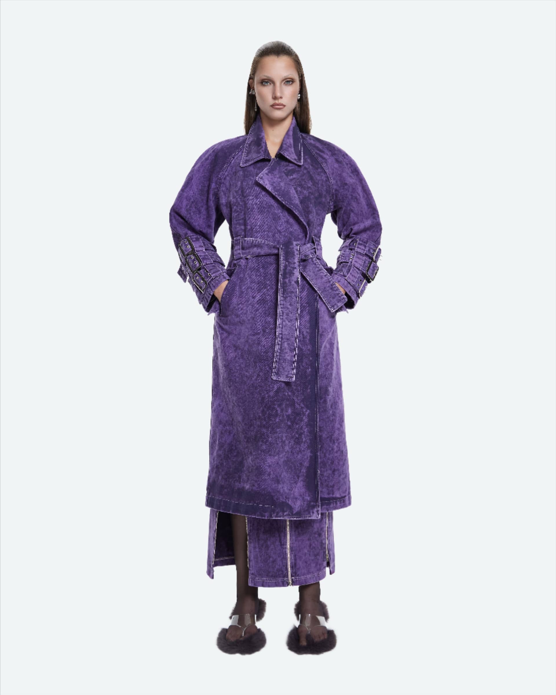 Voidwalker Trench Coat in Purple Acid Wash made by Khela