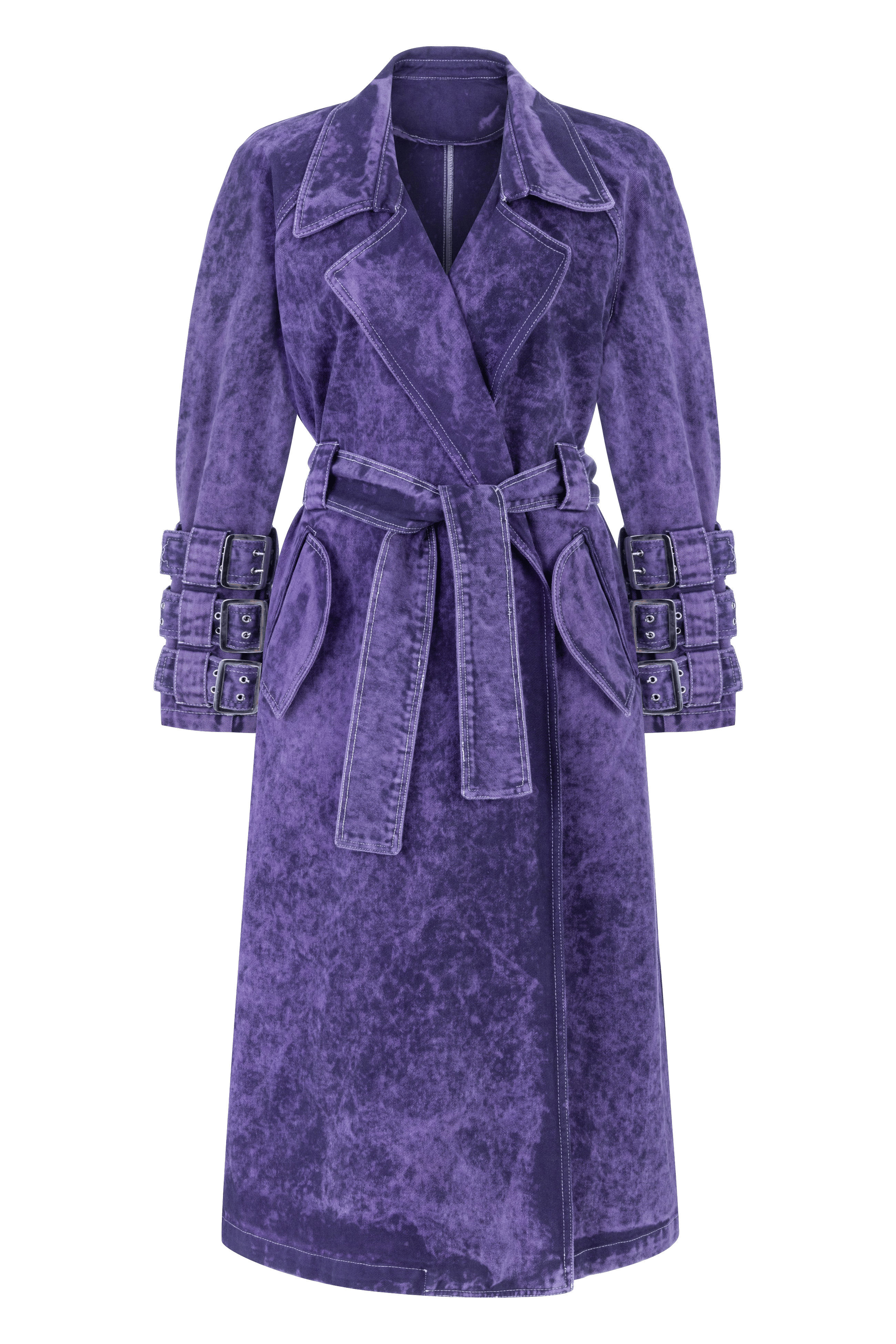Voidwalker Trench Coat in Purple Acid Wash made by Khela