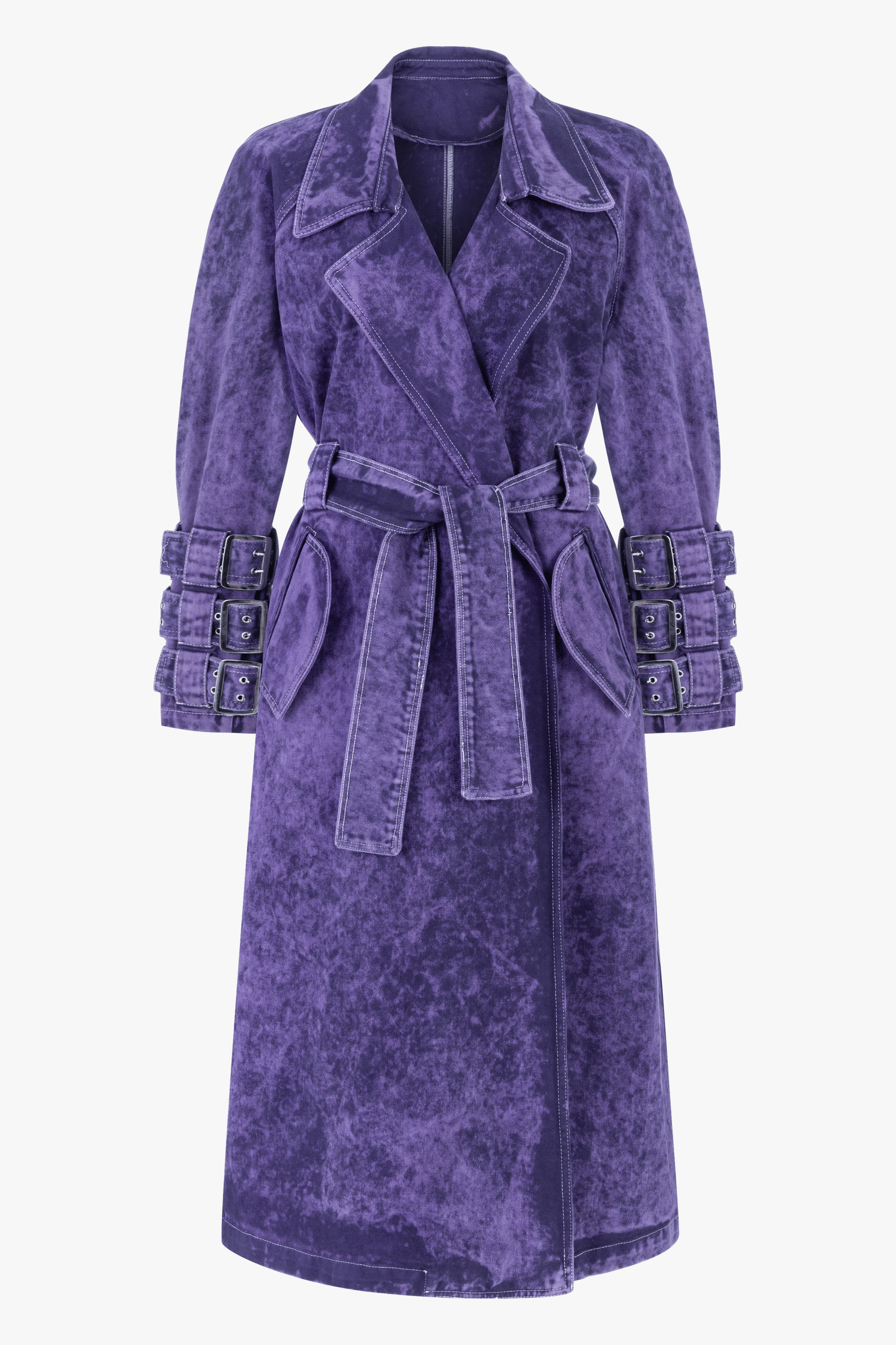 Voidwalker Trench Coat in Purple Acid Wash made by Khela