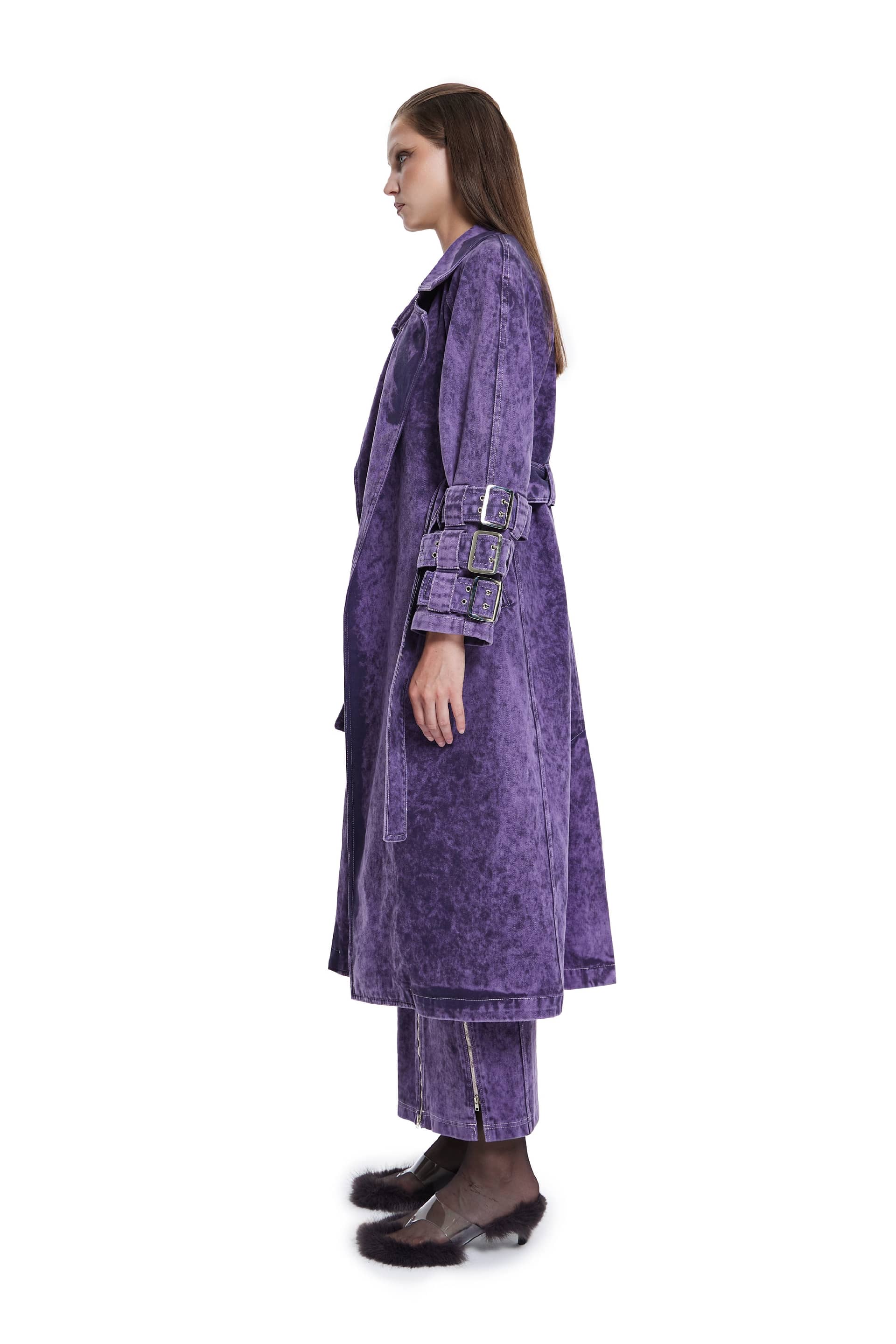 Voidwalker Trench Coat in Purple Acid Wash made by Khela