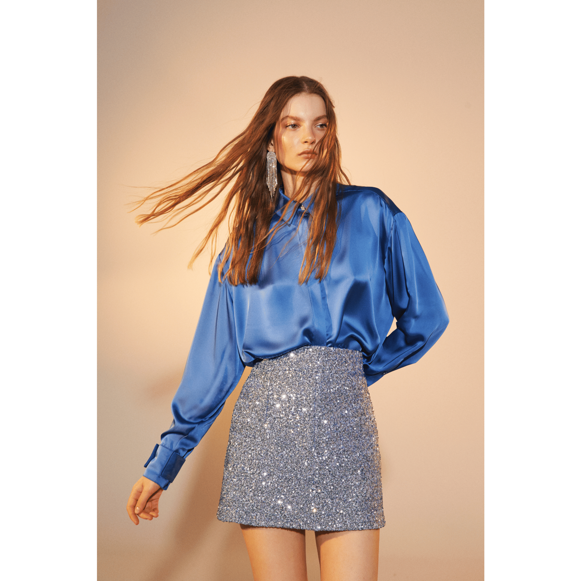 Marde A-Line Sequin Mini Skirt in Powder Blue in Silver made by Nazli Ceren