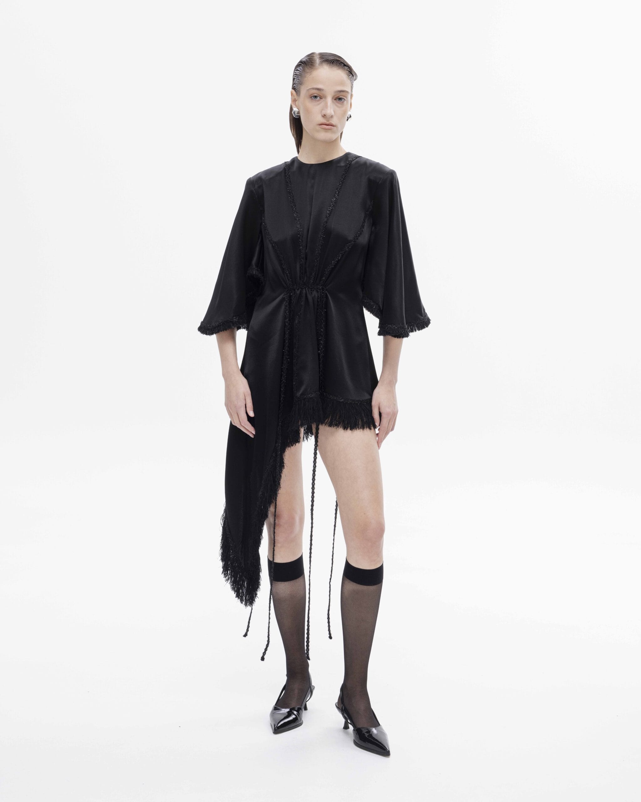 Fringe trim asymmetrical mini dress made by Maria Kokhia