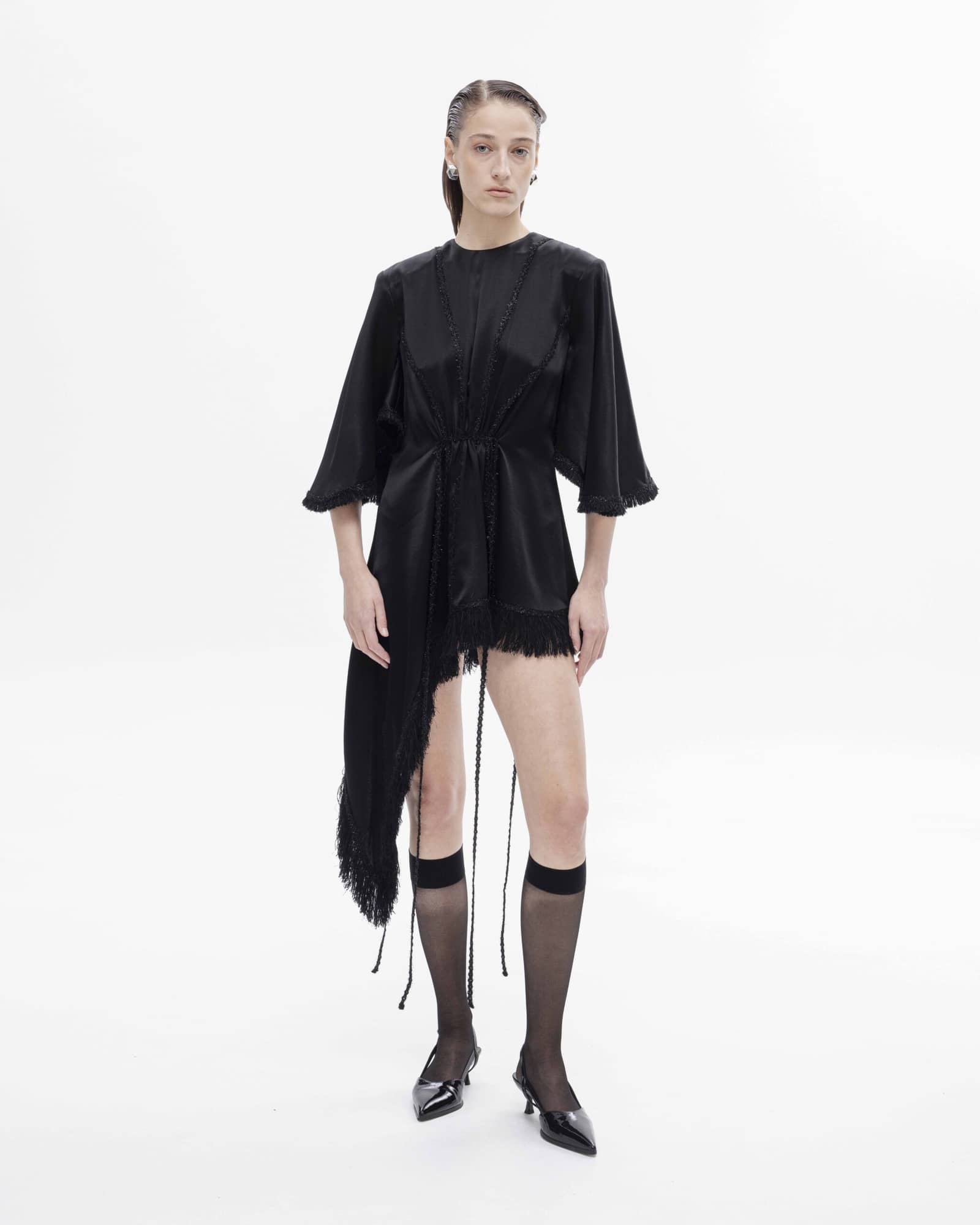 Fringe trim asymmetrical mini dress made by Maria Kokhia