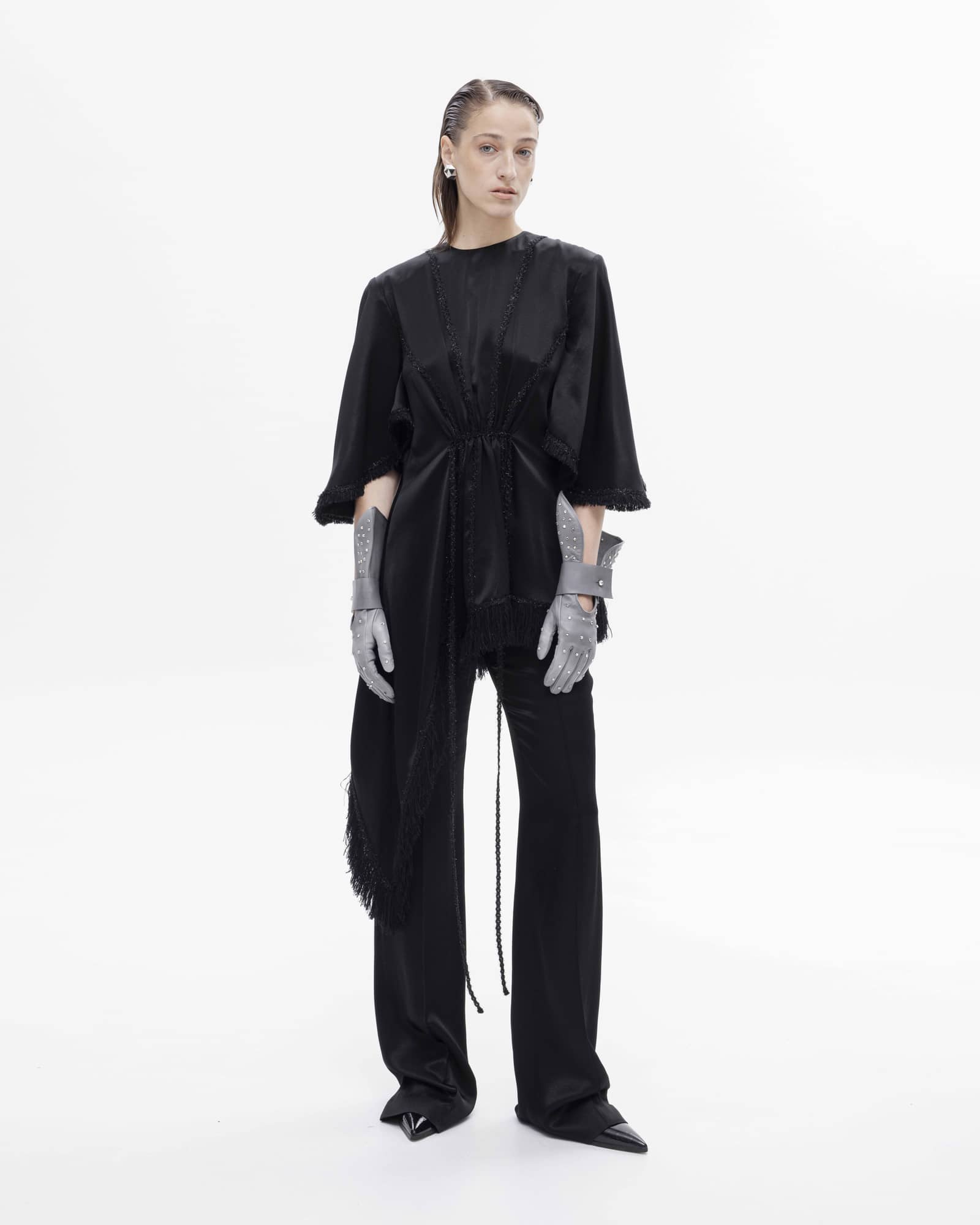 Fringe trim asymmetrical mini dress made by Maria Kokhia