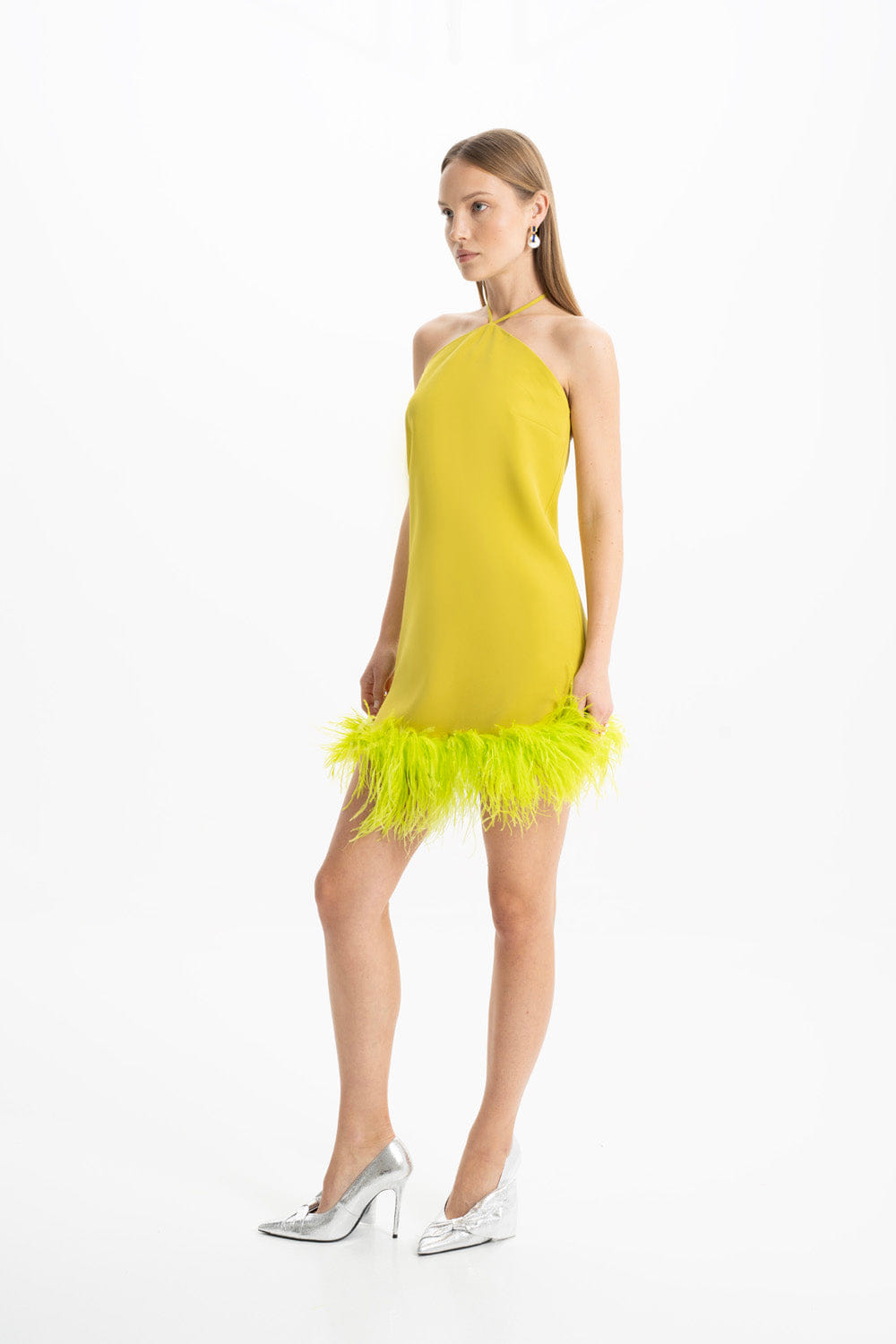 Keira Halter Green Mini Feather Dress made by Lora Istanbul