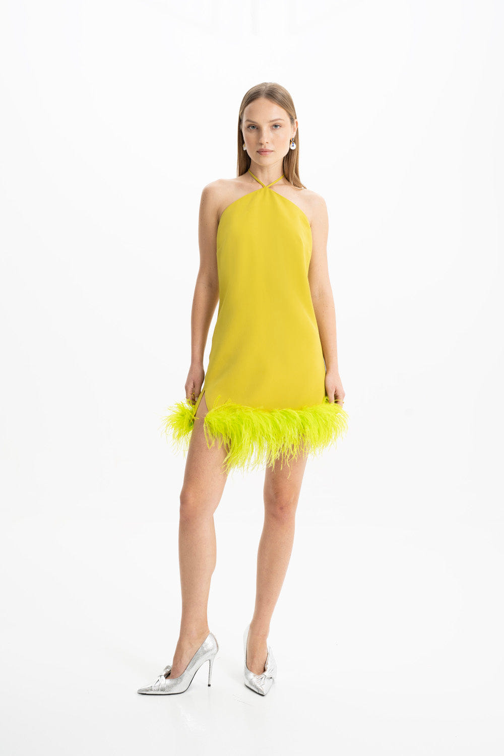 Keira Halter Green Mini Feather Dress made by Lora Istanbul