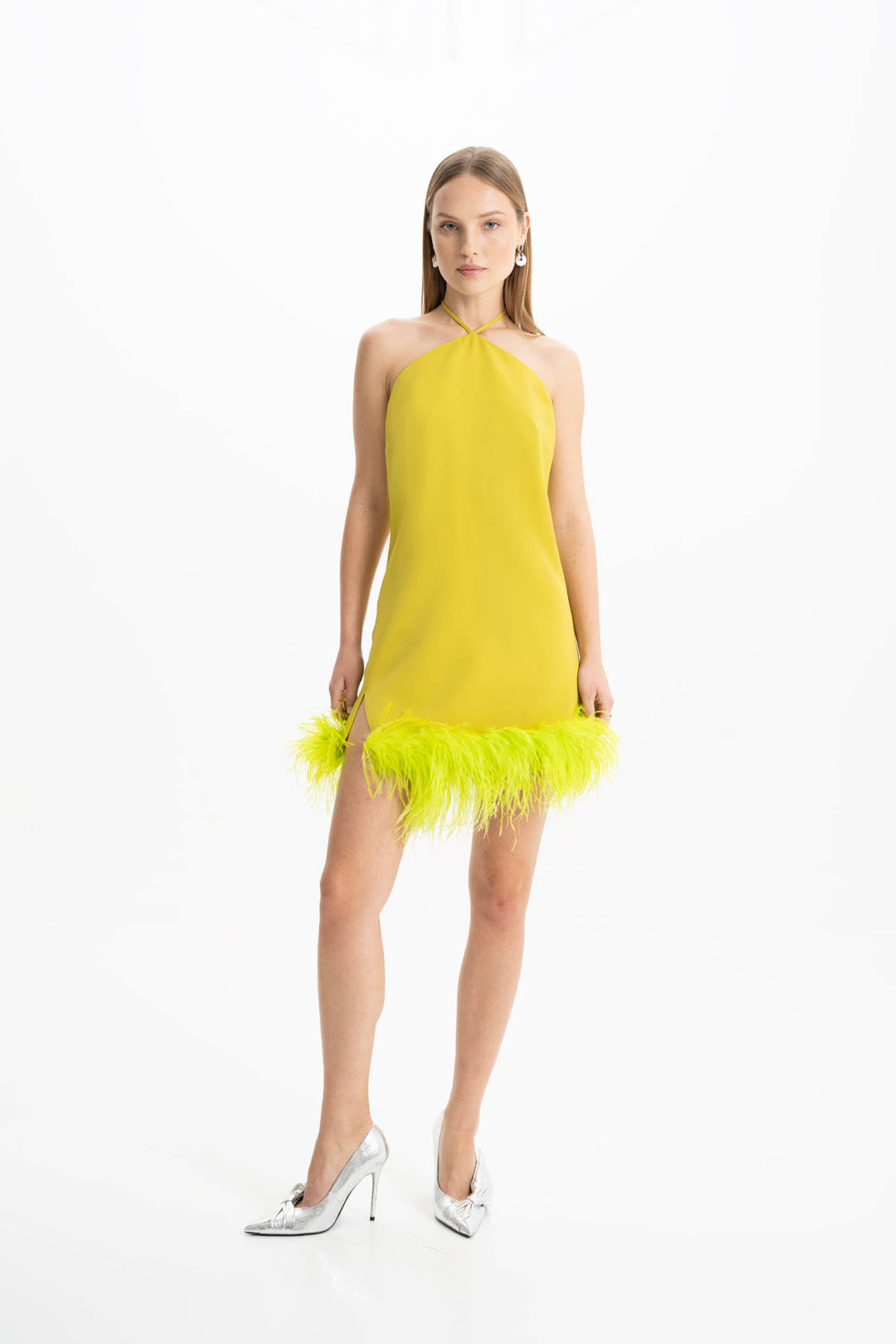 Keira Halter Green Mini Feather Dress made by Lora Istanbul