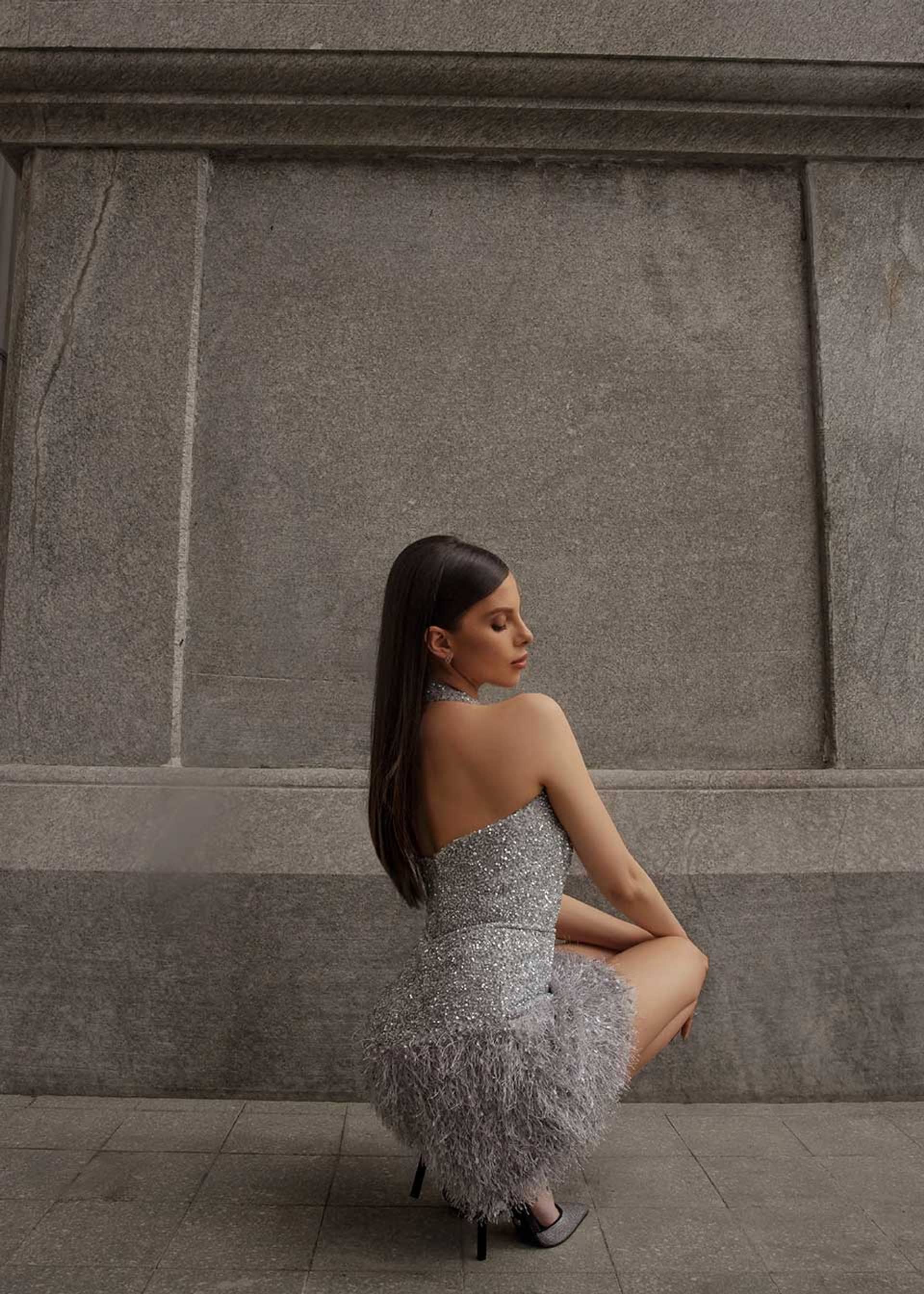 Amina silver sparkling dress made by Monika Dimova